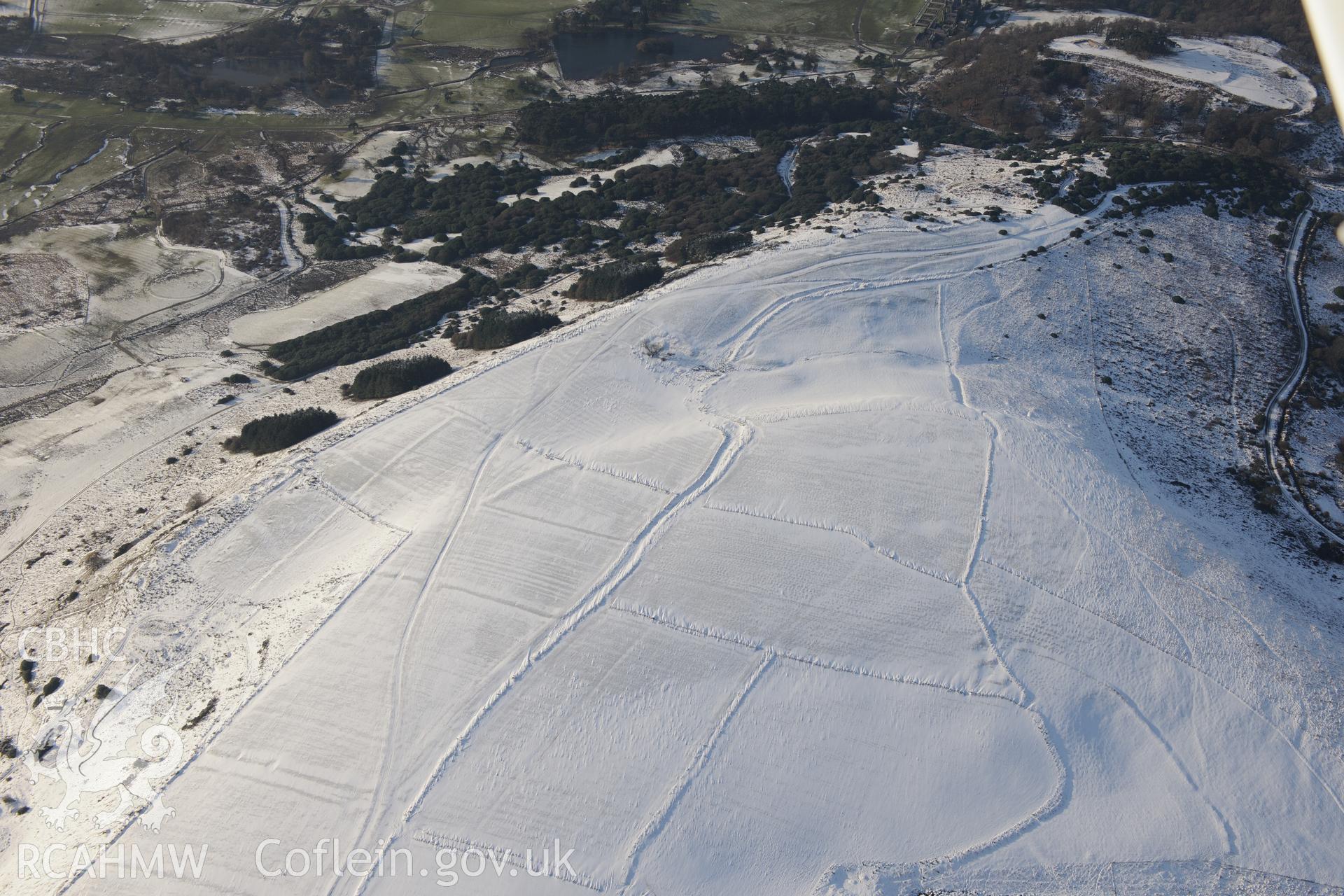 Deserted rural settlement earthworks at Margam, Port Talbot. Oblique aerial photograph taken during the Royal Commission?s programme of archaeological aerial reconnaissance by Toby Driver on 24th January 2013.