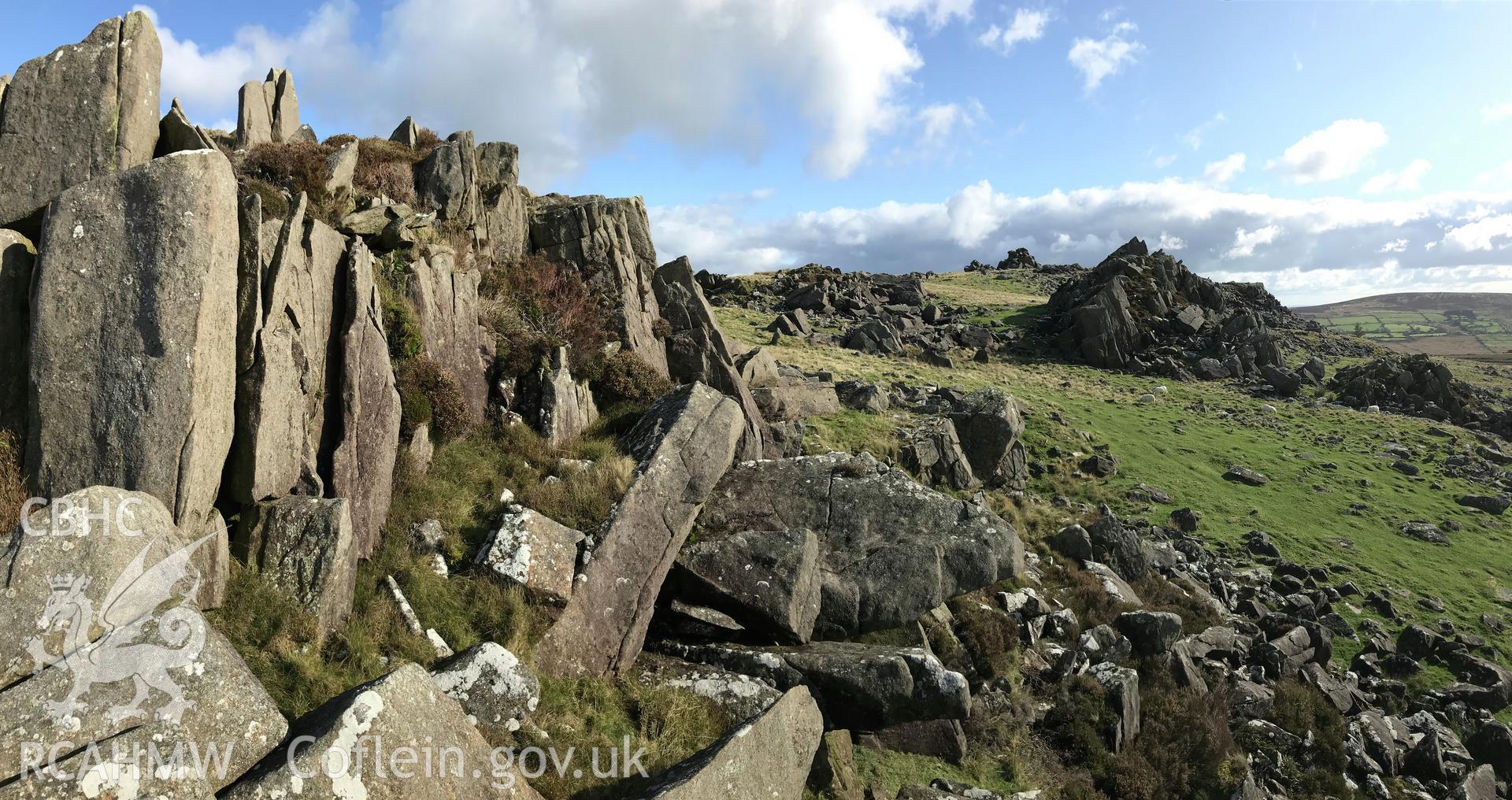 Digital colour photograph showing Carn Menyn 'Bluestone' outcrops of spotted dolerite, Carn Meini, taken by Paul Davis on 22nd October 2019.