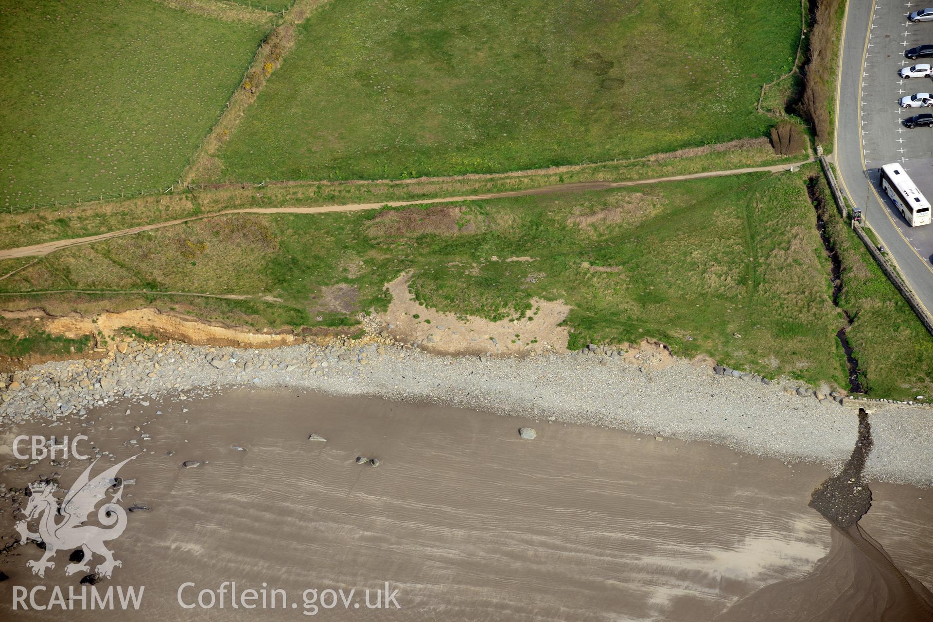 Aerial photography of St Patrick's Chapel taken on 27th March 2017. Baseline aerial reconnaissance survey for the CHERISH Project. ? Crown: CHERISH PROJECT 2017. Produced with EU funds through the Ireland Wales Co-operation Programme 2014-2020. All material made freely available through the Open Government Licence.