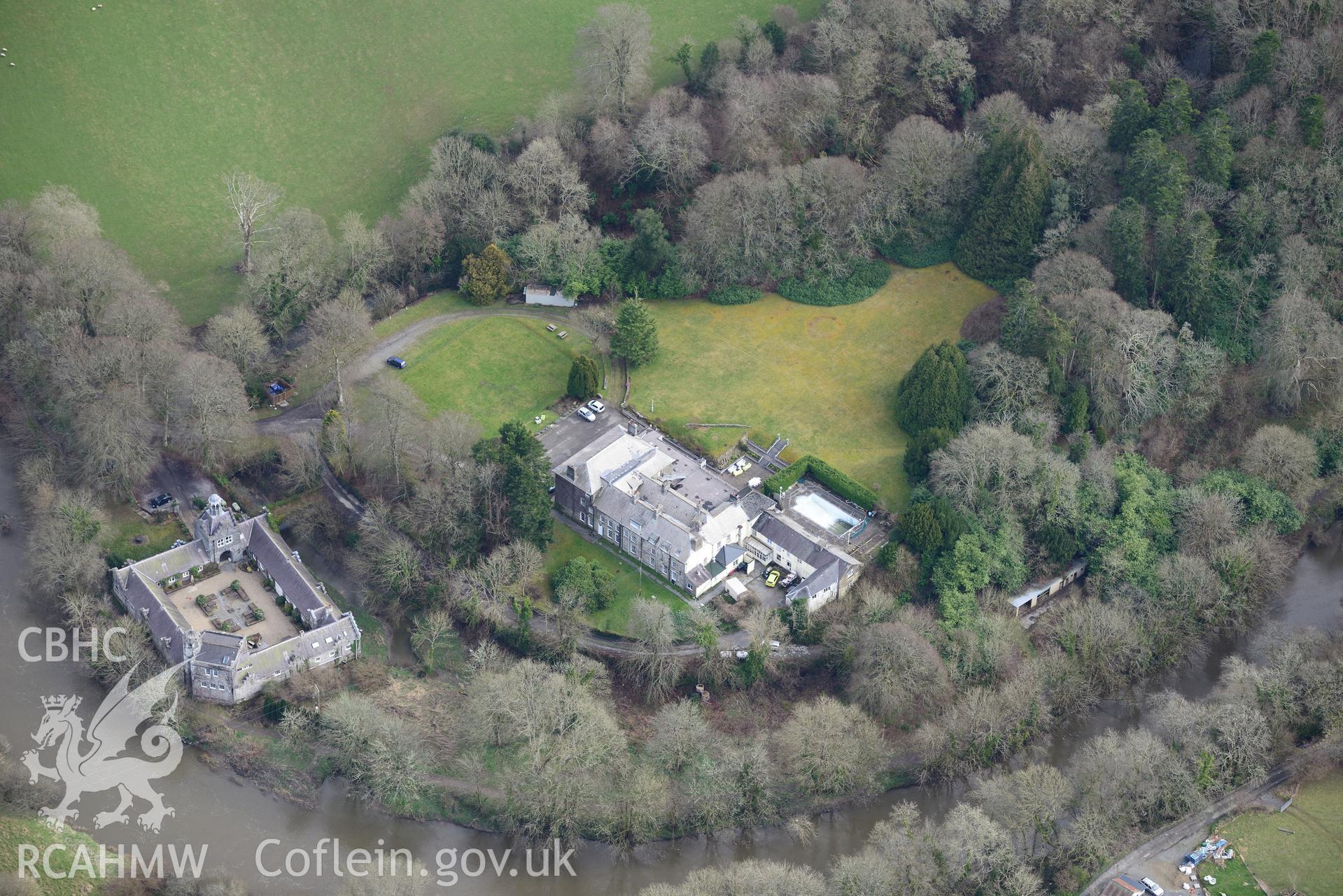 Castell Malgwyn and associated garden and outbuildings, Llechryd, near Cardigan. Oblique aerial photograph taken during the Royal Commission's programme of archaeological aerial reconnaissance by Toby Driver on 13th March 2015.