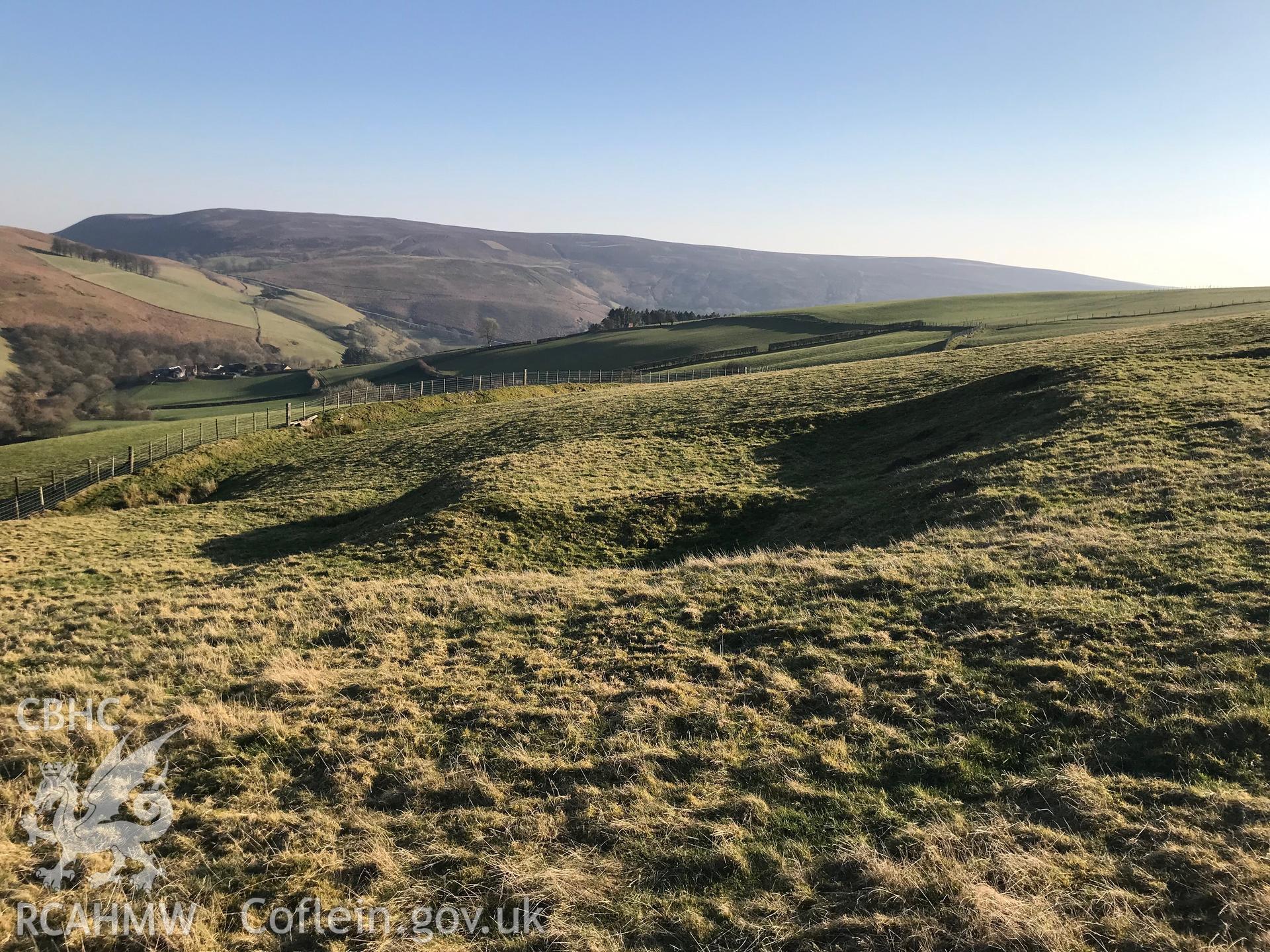 Colour photograph of Cwm-Twrch medieval platform settlement, Glascwm, north east of Builth Wells, taken by Paul R. Davis on 26th February 2019.