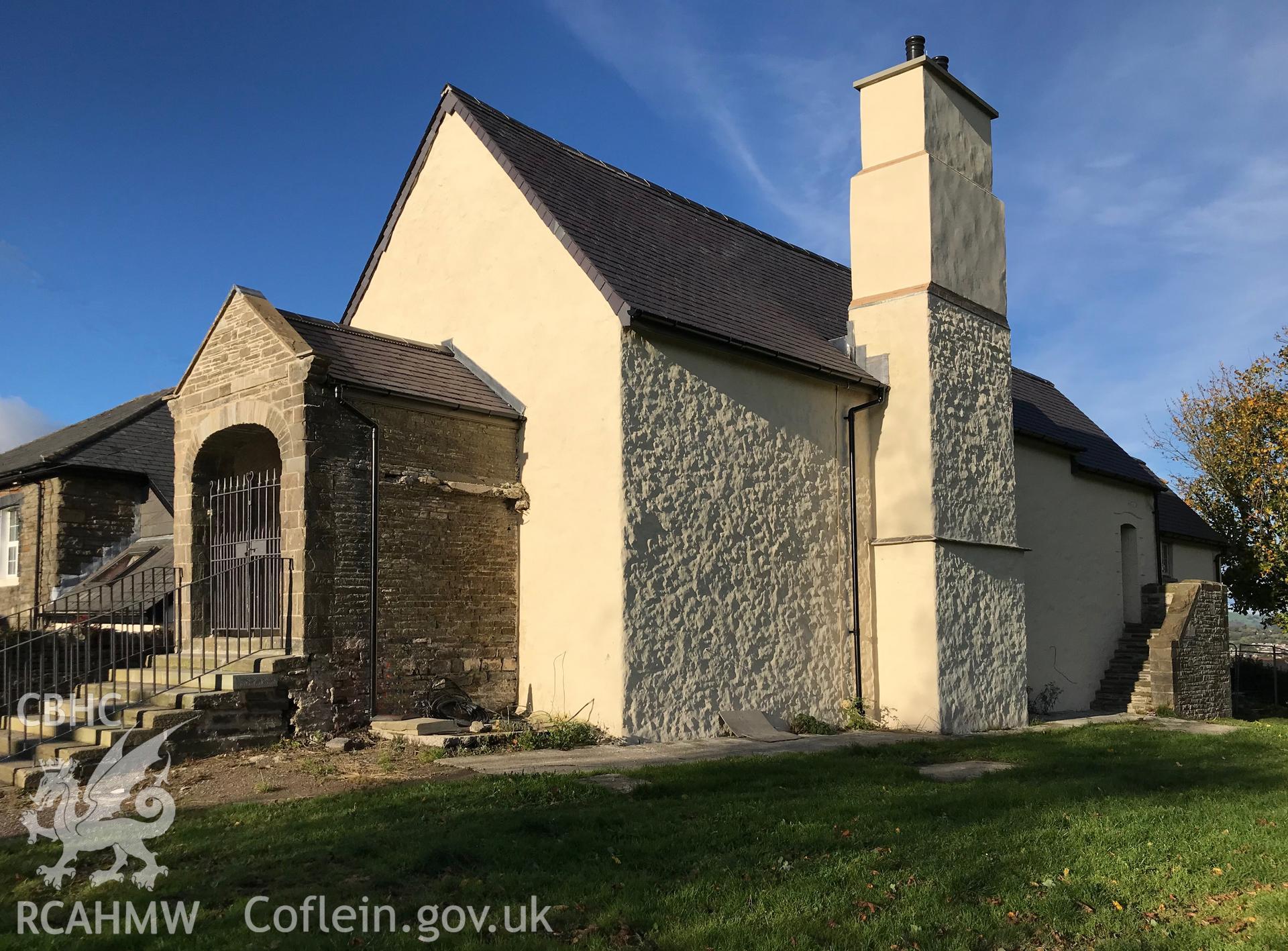 Exterior view of Llantrisant Guild Hall or Town Hall, Llantrisant, north west of Cardiff. Colour photograph taken by Paul R. Davis on 14th October 2018.