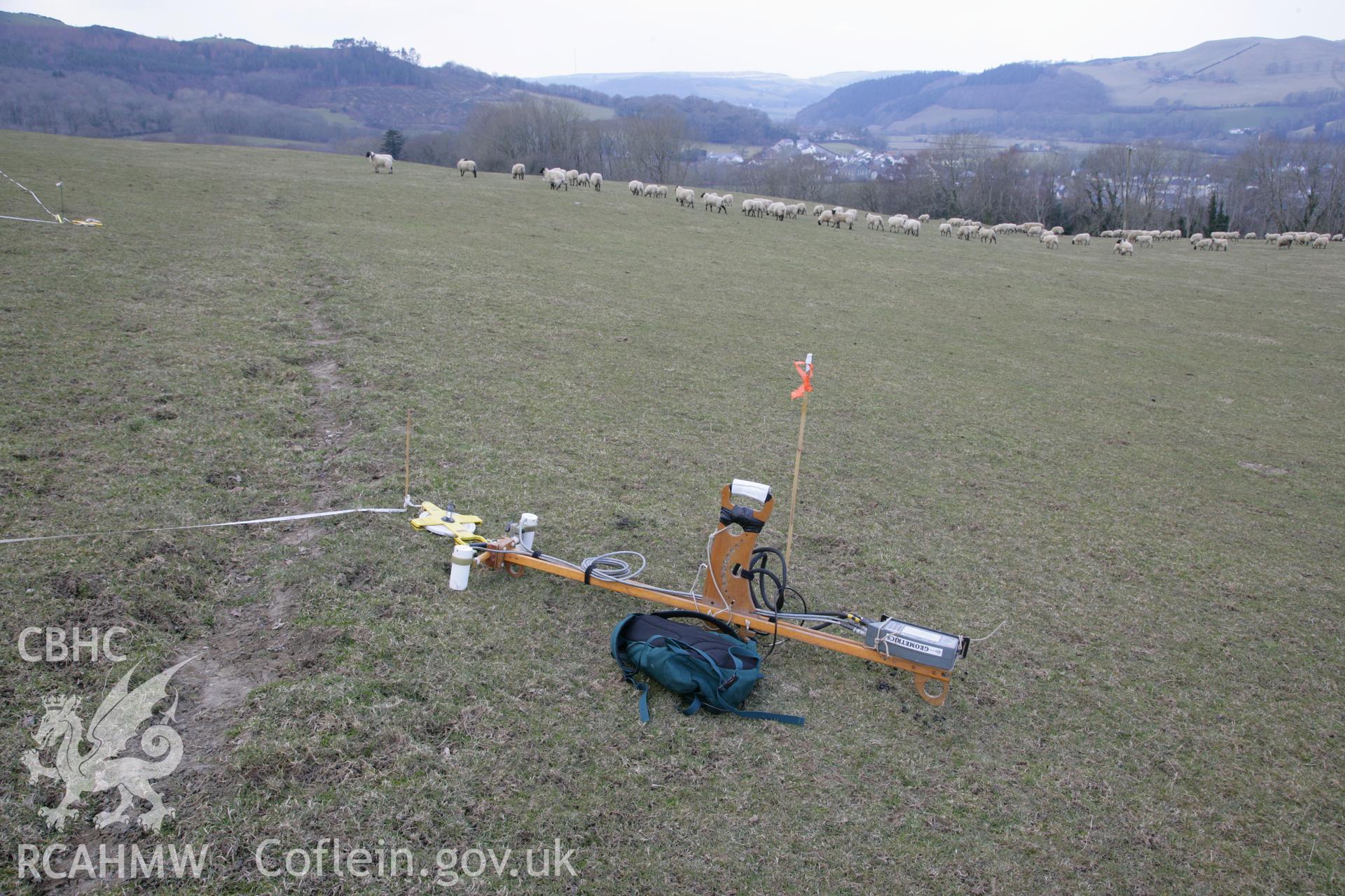 Geophysical (gradiometry) survey of Pen y Castell defended enclosure by ArchaeoPhysica LTD, conducted on 27th March 2013.