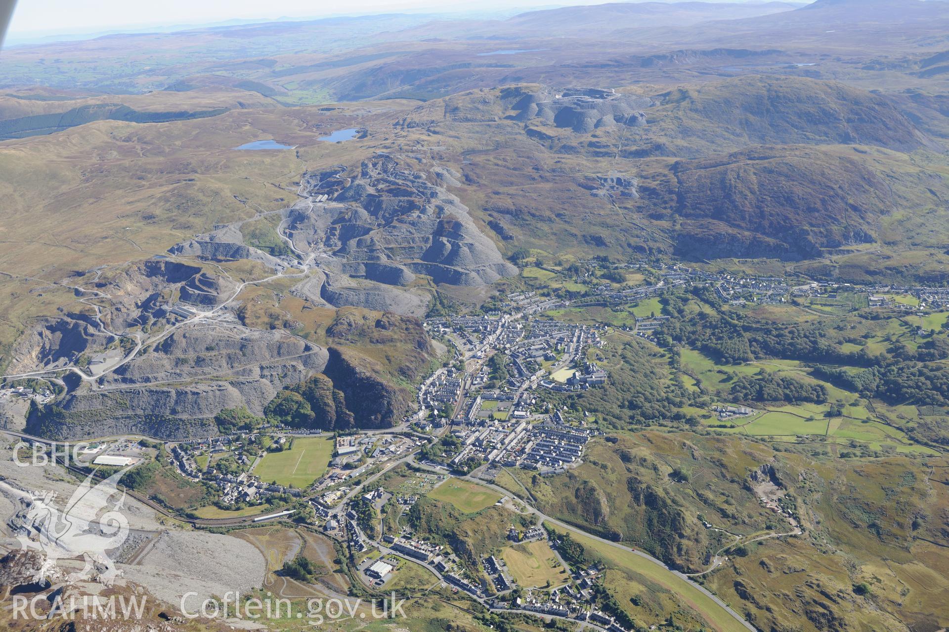 Oakley slate quarry and Llechwedd slate quarry, with Blaenau Ffestiniog below. Oblique aerial photograph taken during the Royal Commission's programme of archaeological aerial reconnaissance by Toby Driver on 2nd October 2015.