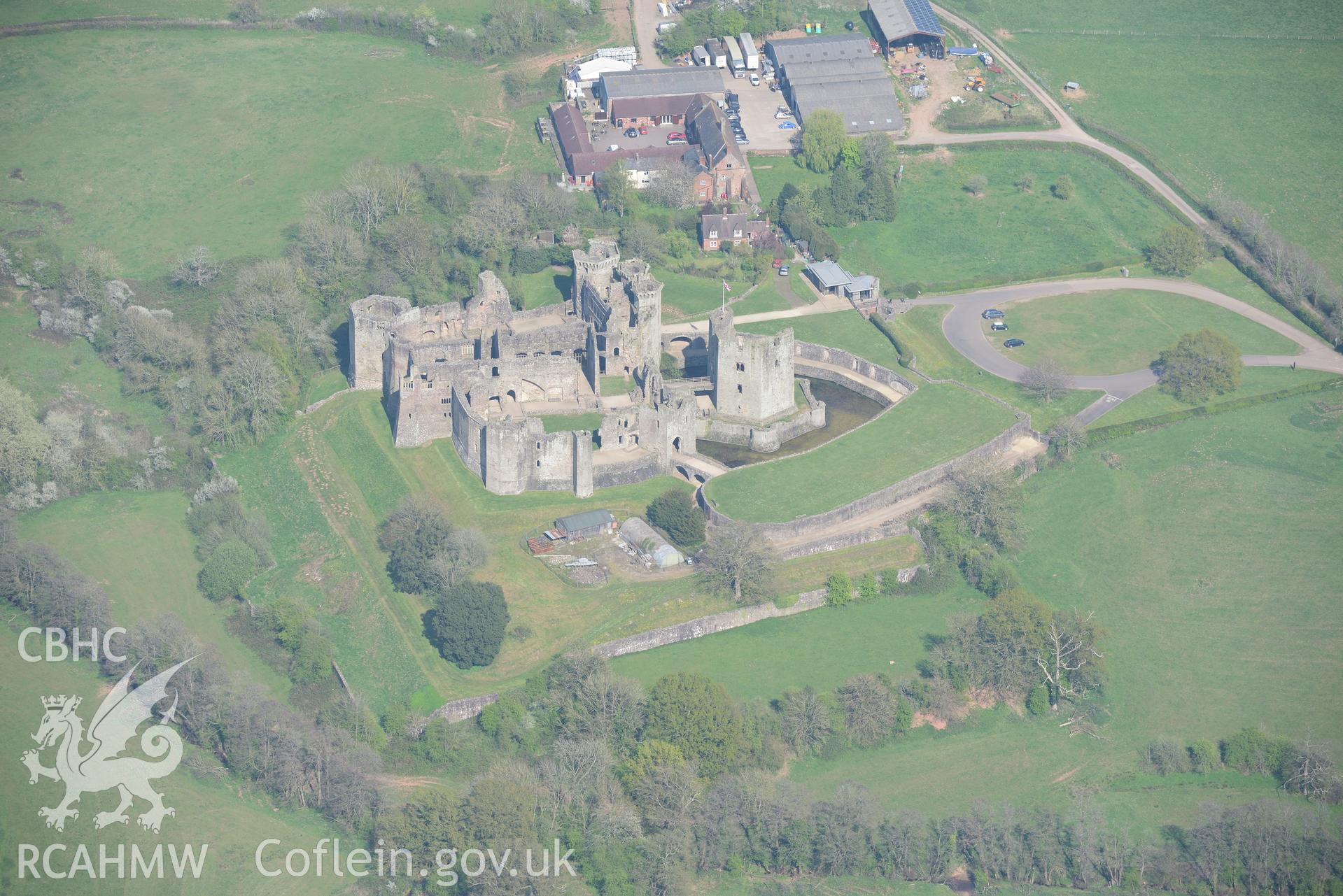 Raglan Castle, Gardens and Farm. Oblique aerial photograph taken during the Royal Commission's programme of archaeological aerial reconnaissance by Toby Driver on 21st April 2015