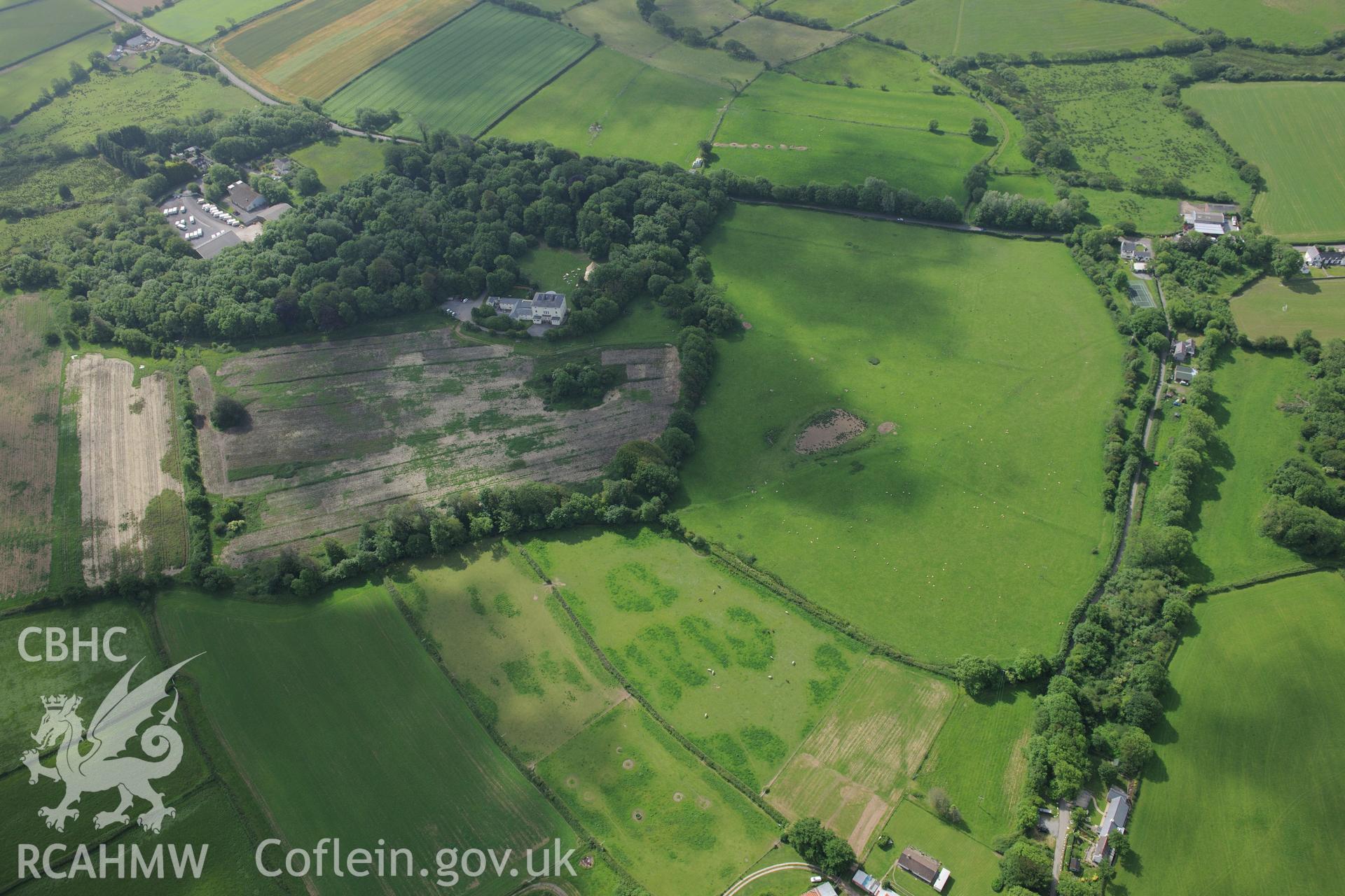 Stout Hall house and garden, Reynoldston. Oblique aerial photograph taken during the Royal Commission's programme of archaeological aerial reconnaissance by Toby Driver on 19th June 2015.