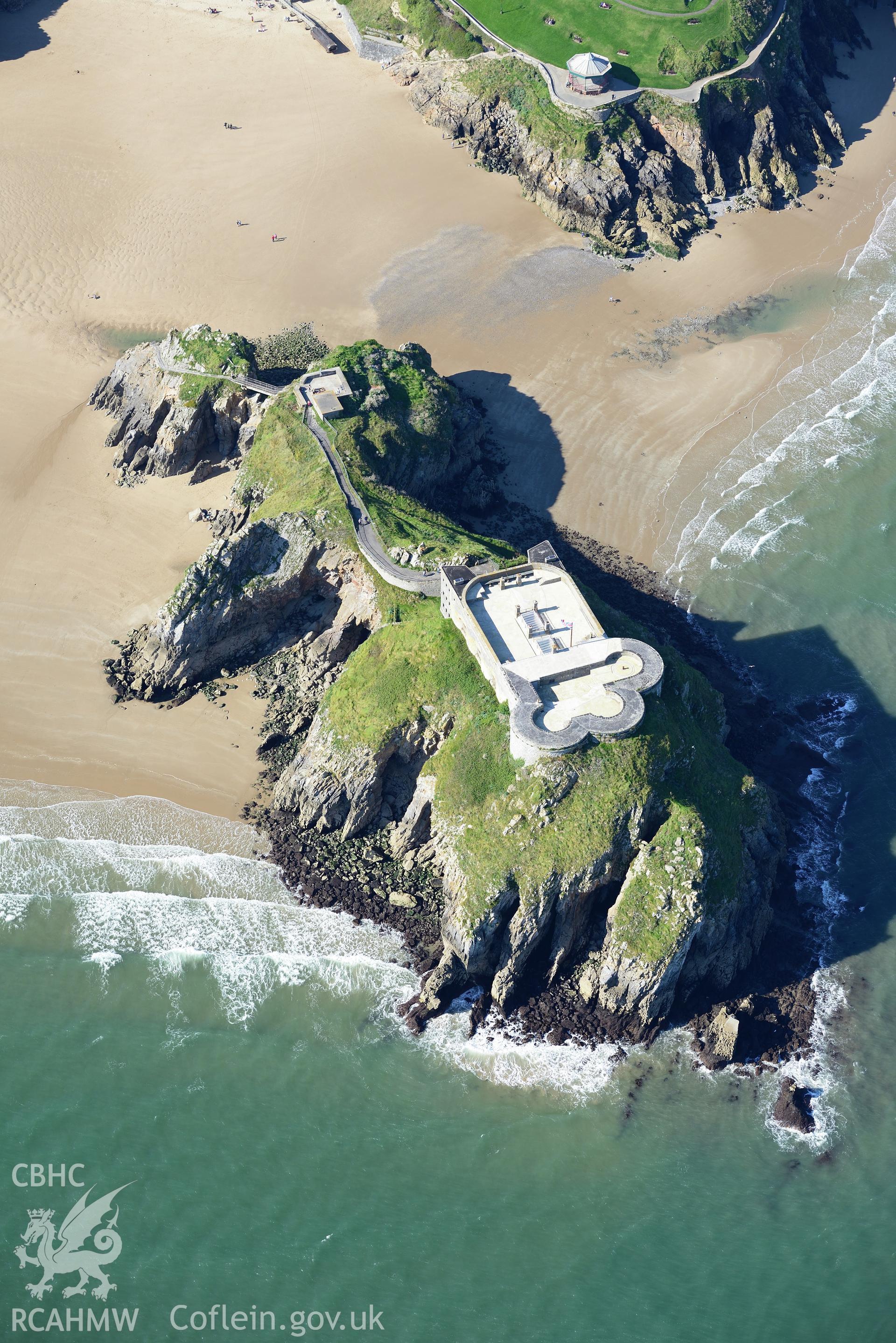 St. Catherine's Island, Tenby, including view of the fort and gun emplacement, and site of the former St. Cathereine's chapel. Oblique aerial photograph taken during Royal Commission's programme of archaeological aerial reconnaissance by Toby Driver on 30th September 2015.