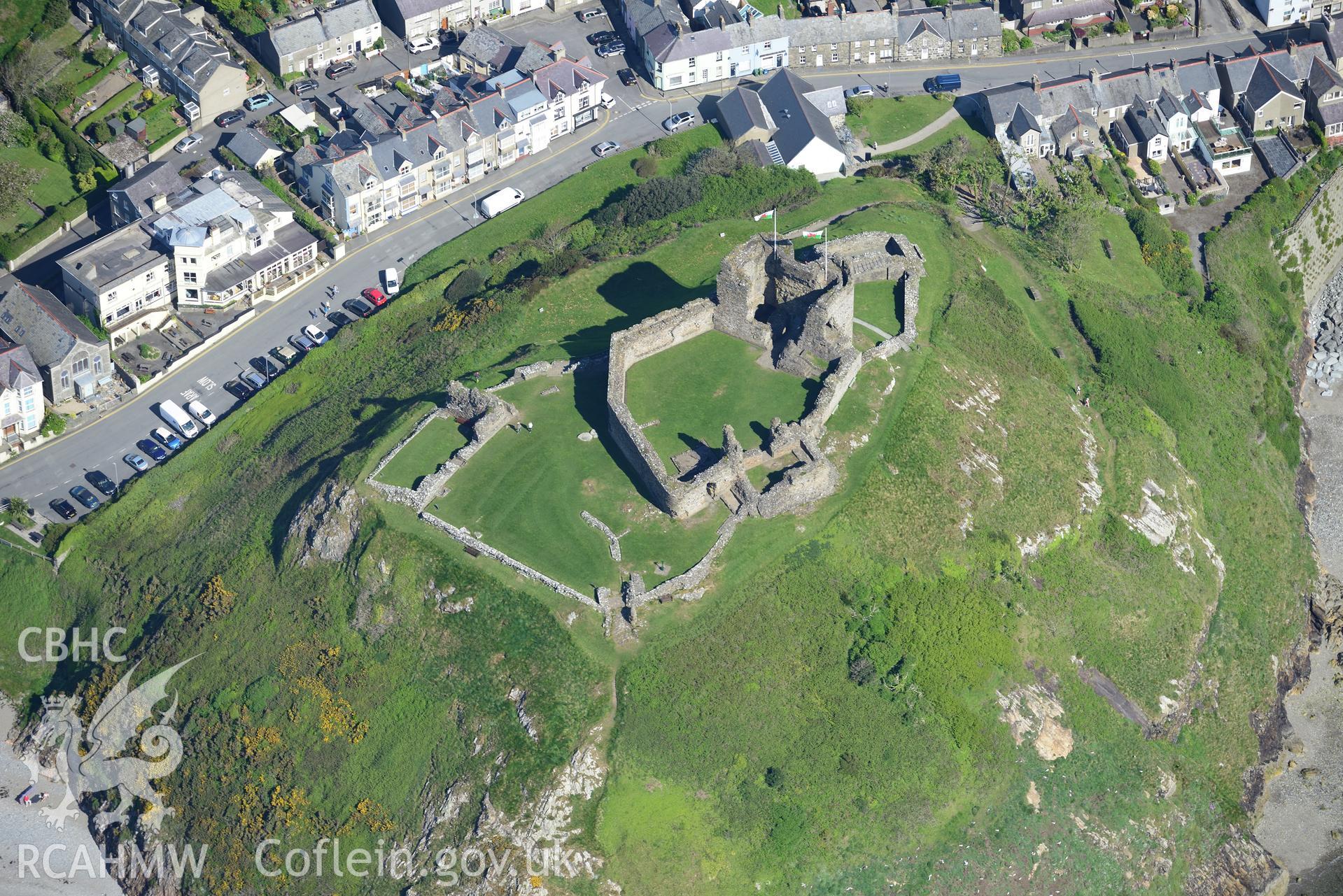 Aerial photography of Criccieth and its castle taken on 3rd May 2017.  Baseline aerial reconnaissance survey for the CHERISH Project. ? Crown: CHERISH PROJECT 2017. Produced with EU funds through the Ireland Wales Co-operation Programme 2014-2020. All ma