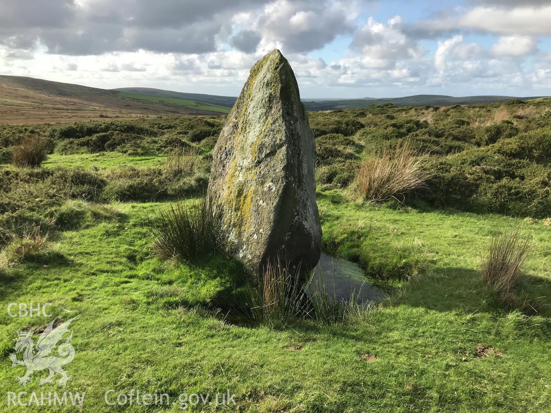 Digital colour photograph showing Waun Mawn standing stone, Eglwyswrw, taken by Paul Davis on 22nd October 2019.