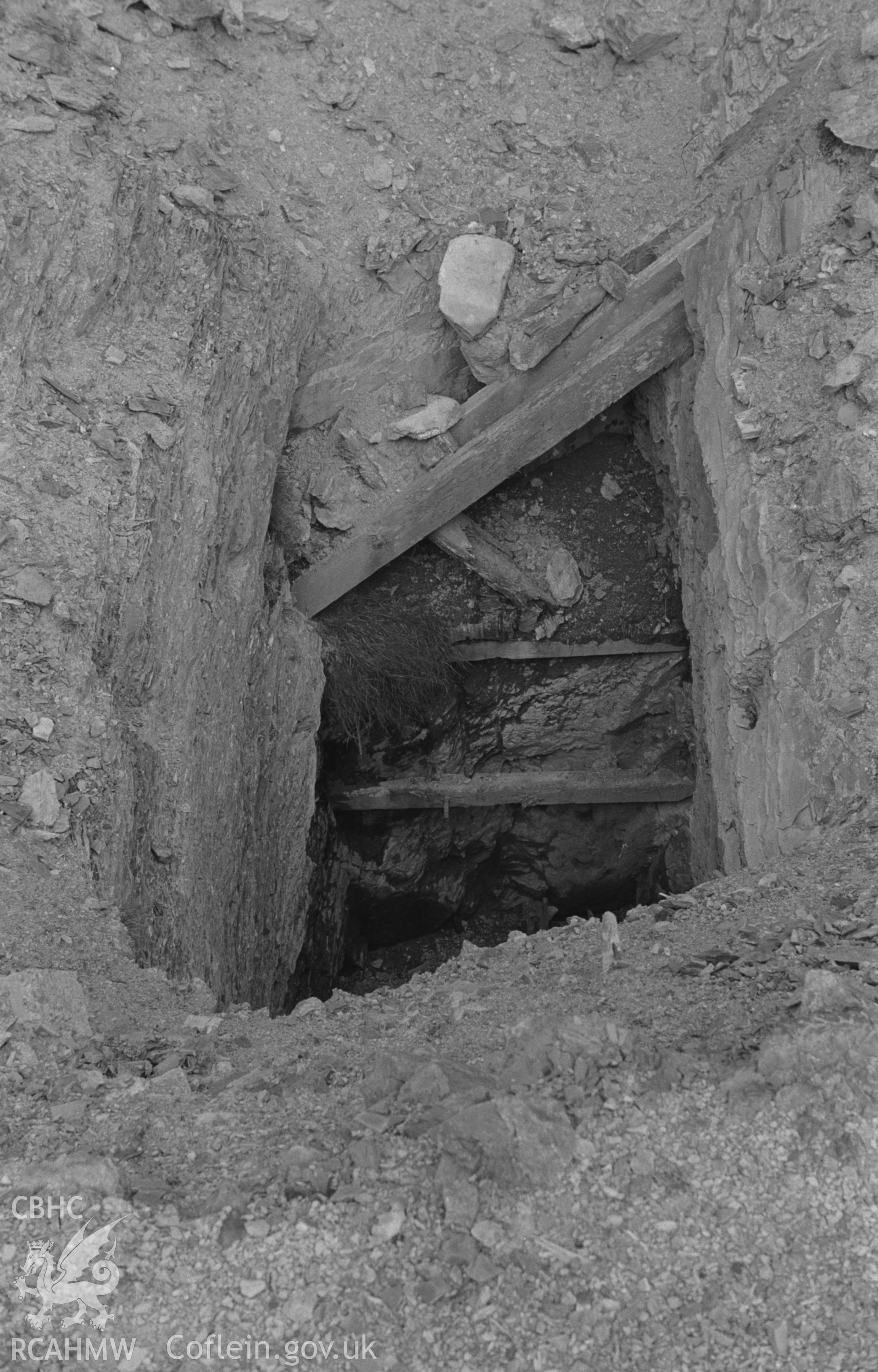 Digital copy of a black and white negative showing entrance to shaft at head of tramway at Esgair Mwyn Mine, Ystrad Fflur. Photographed by Arthur O. Chater on 28th August 1966 from Grid Reference SN 752 691.