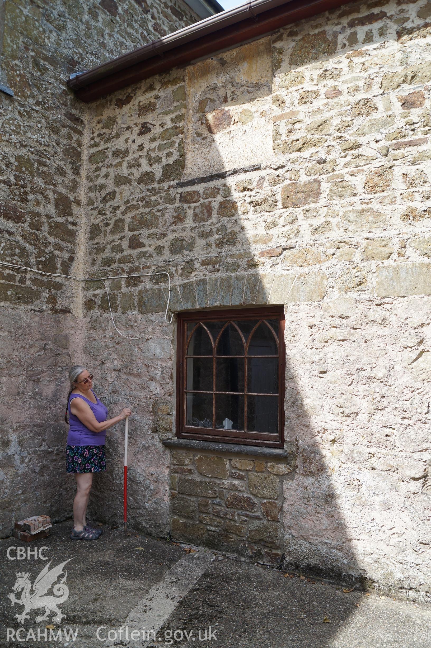 View 'looking north at the western window on the southern side of the northeast block, taken from central yard area' at Robeston House. Photograph and description by Jenny Hall and Paul Sambrook of Trysor, 22nd June 2017.