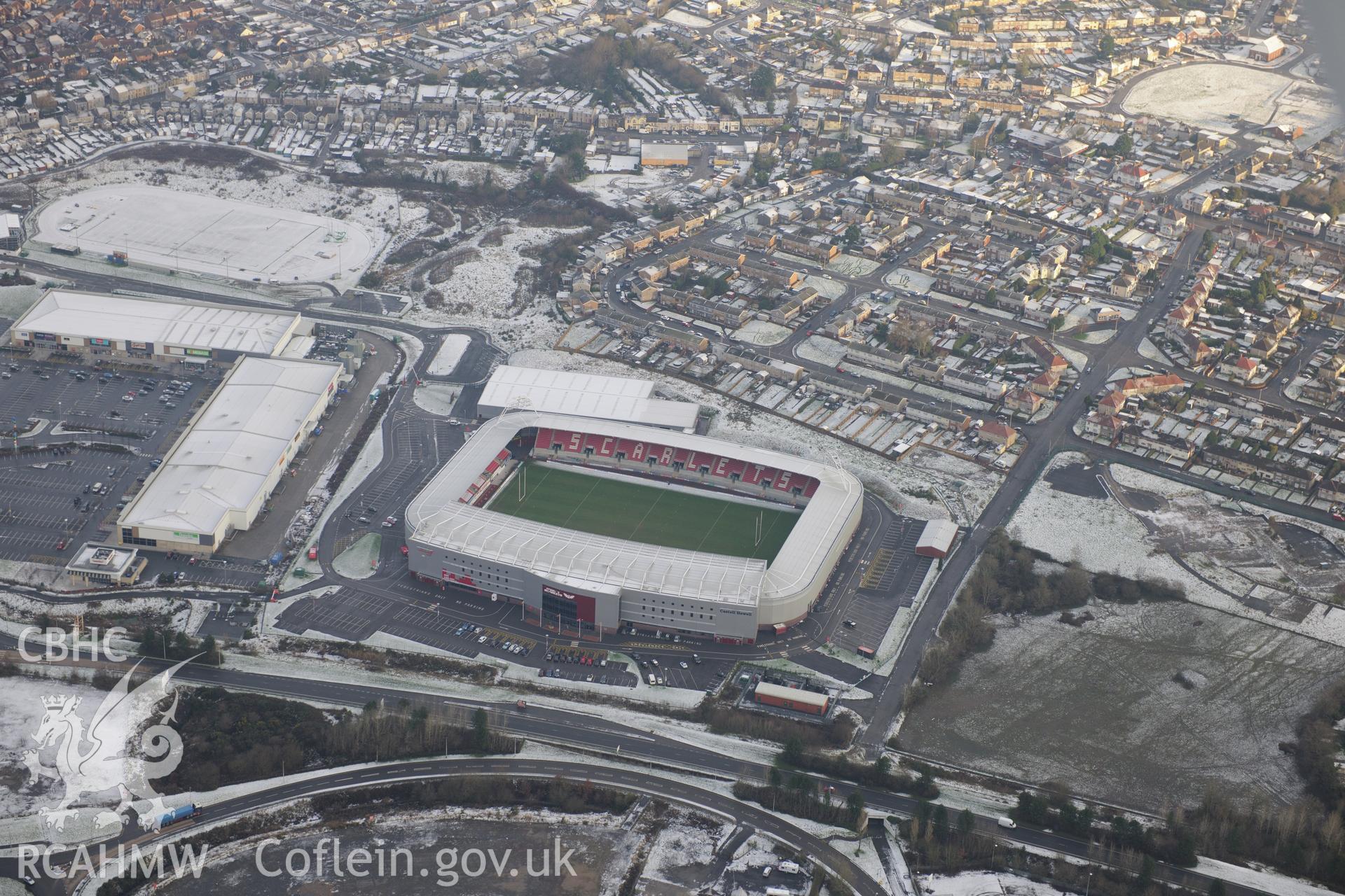 Parc-y-Scarlets stadium, Llanelli. Oblique aerial photograph taken during the Royal Commission?s programme of archaeological aerial reconnaissance by Toby Driver on 24th January 2013.