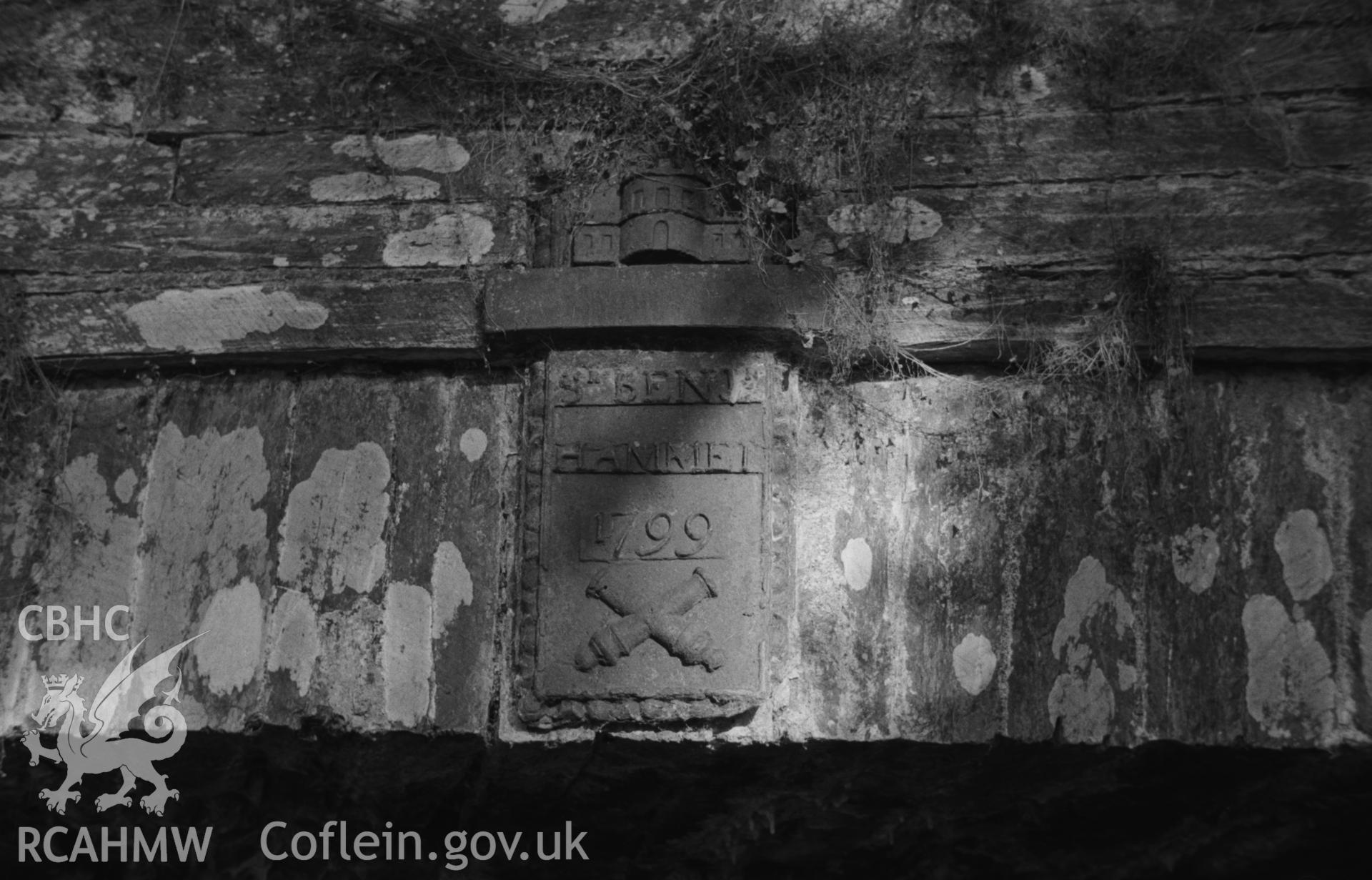 Digital copy of a black and white negative showing detailed view of plaque 'Sr Benj Hammet 1799' on Castell Malgwyn bridge, Llechryd, south east of Cardigan. Photographed by Arthur O. Chater in September 1964.