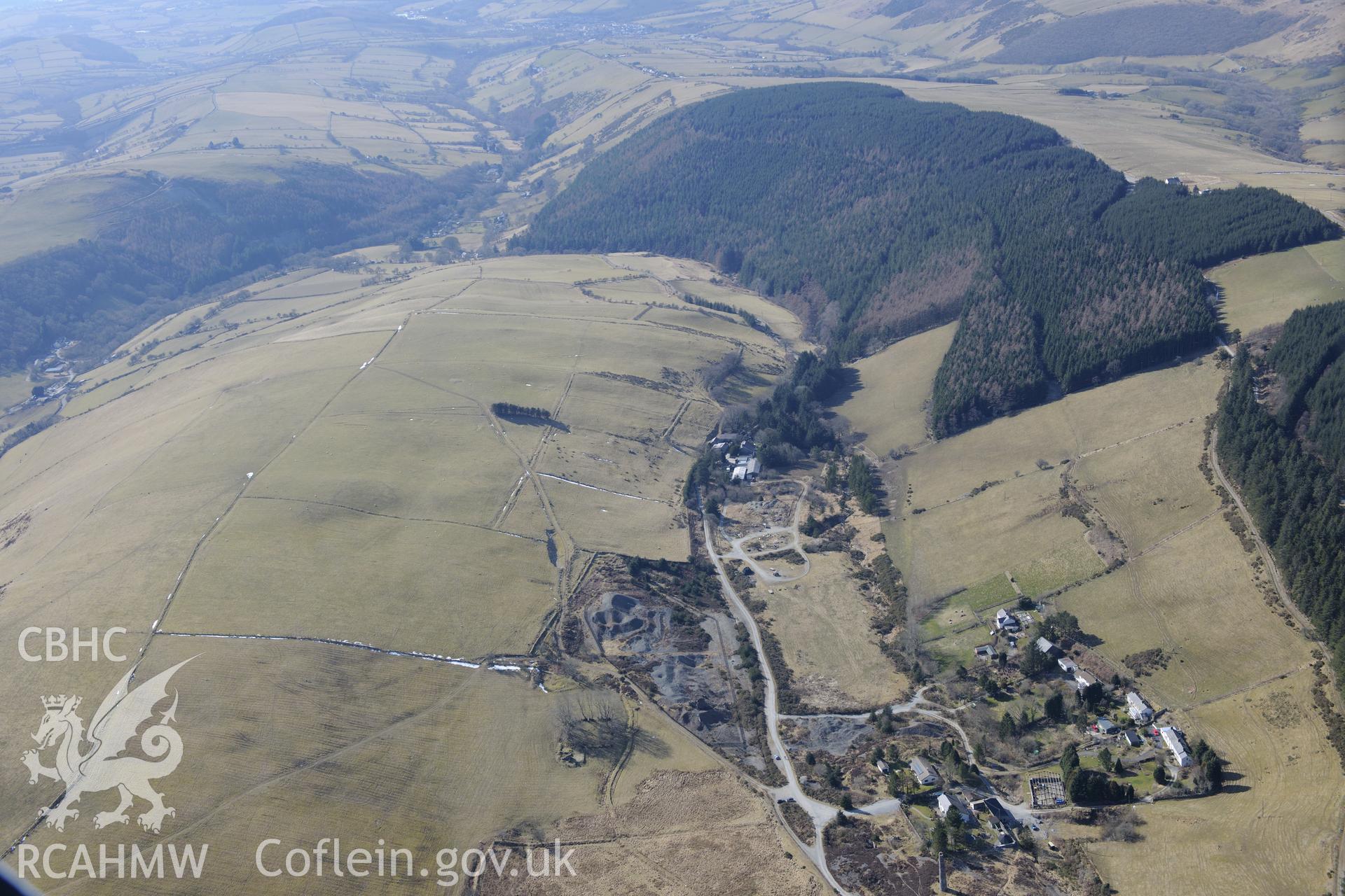 East Darren lead mine, part of the larger Cwmsymlog lead mine, Cwmsymlog, north of Goginan, Aberystwyth. Oblique aerial photograph taken during the Royal Commission's programme of archaeological aerial reconnaissance by Toby Driver on 2nd April 2013.