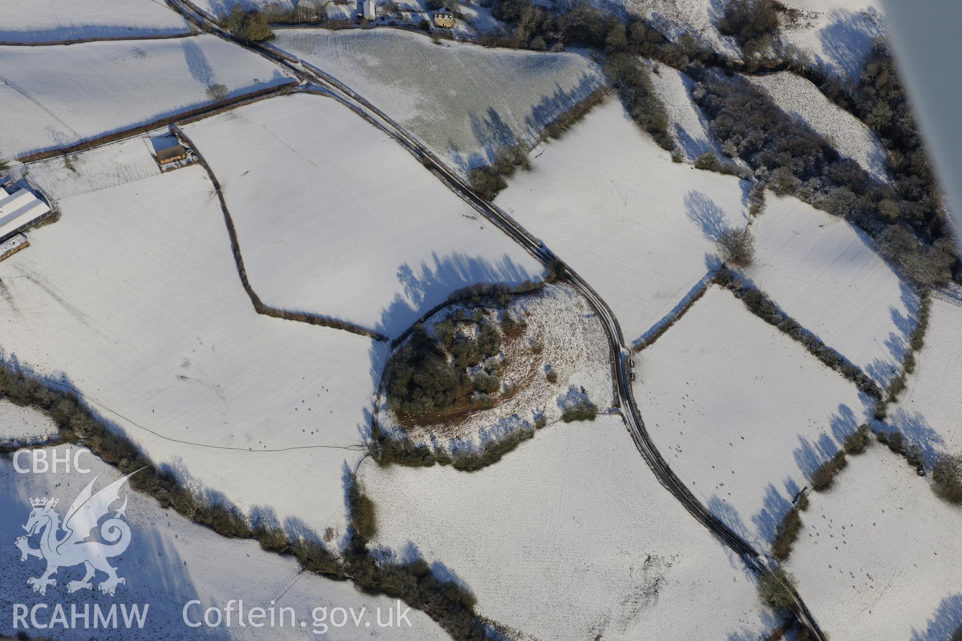 Penarth or Cenarth Mount, north east of Builth Wells. Oblique aerial photograph taken during the Royal Commission?s programme of archaeological aerial reconnaissance by Toby Driver on 15th January 2013.