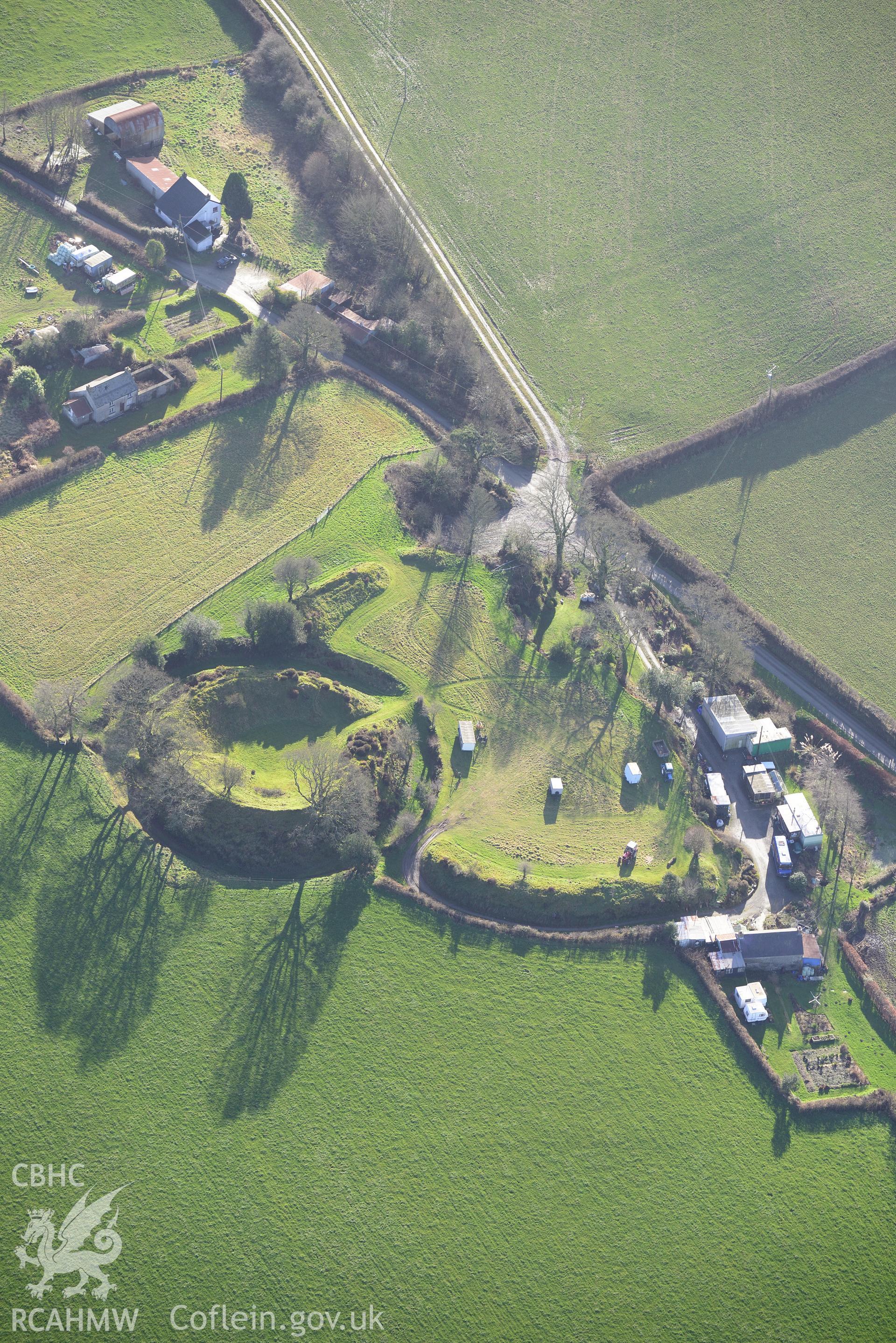 Castell Crychydd. Oblique aerial photograph taken during the Royal Commission's programme of archaeological aerial reconnaissance by Toby Driver on 6th January 2015.