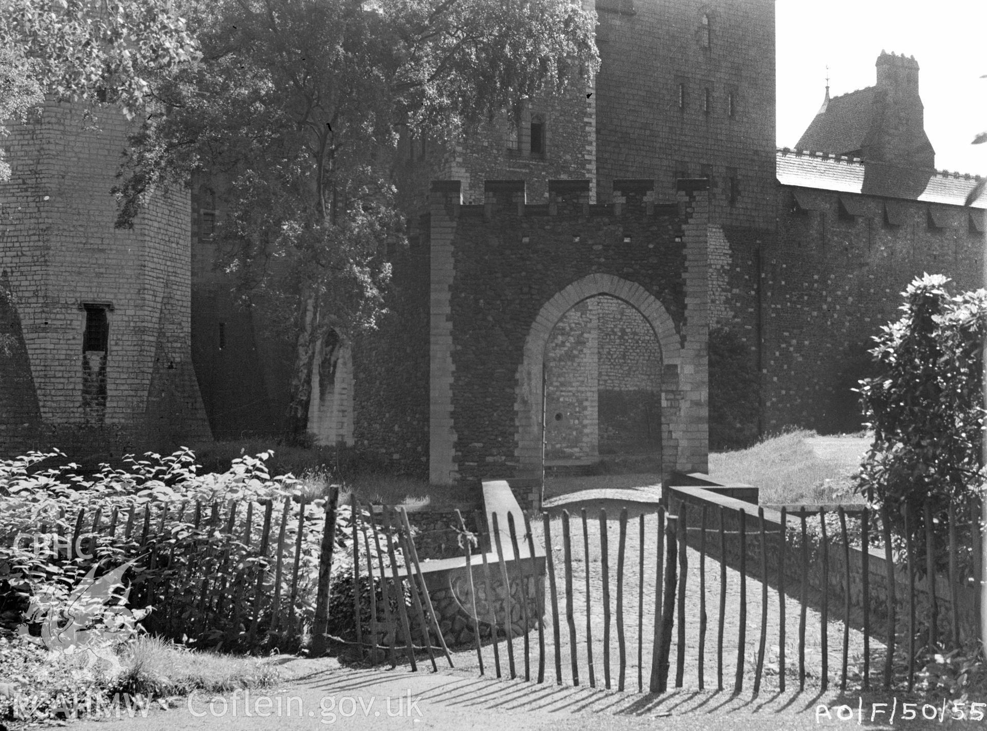 Digital copy of a nitrate negative showing a view of Cardiff Castle, taken by Ordnance Survey.