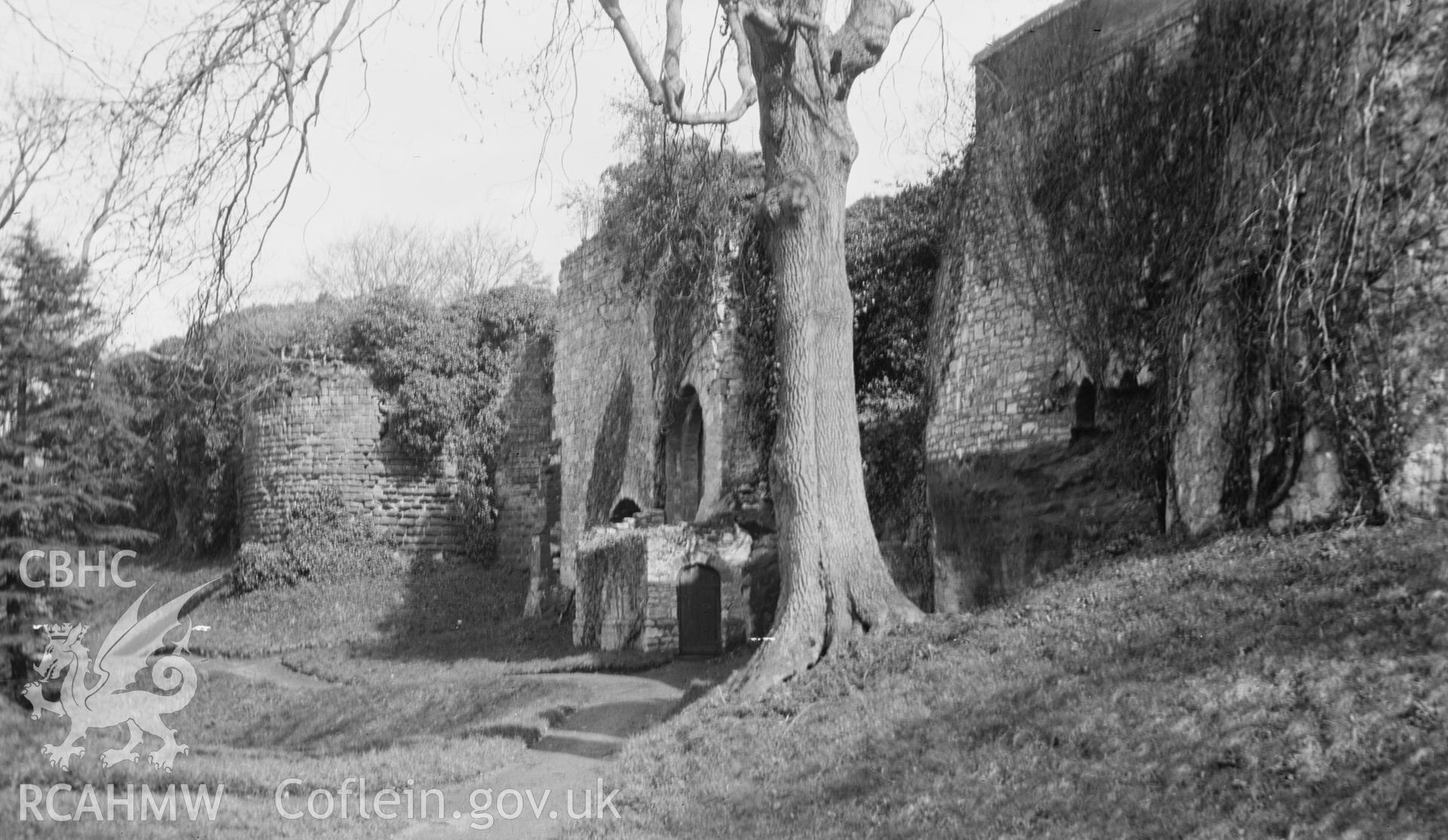 Digital copy of a nitrate negative showing general view of wall and doorway at Ruthin Castle.