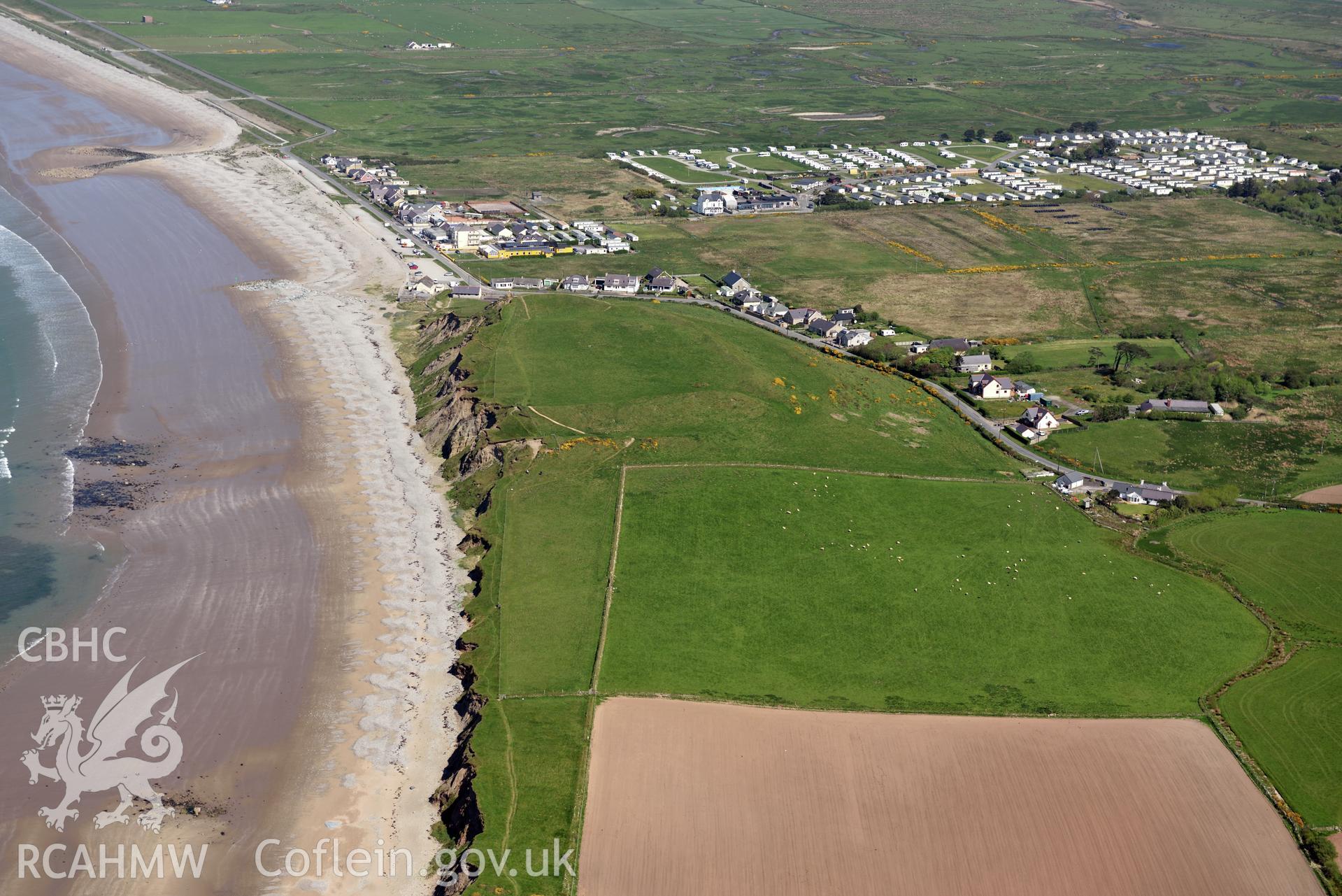 Aerial photography of Dinas Dinlle taken on 3rd May 2017.  Baseline aerial reconnaissance survey for the CHERISH Project. ? Crown: CHERISH PROJECT 2017. Produced with EU funds through the Ireland Wales Co-operation Programme 2014-2020. All material made