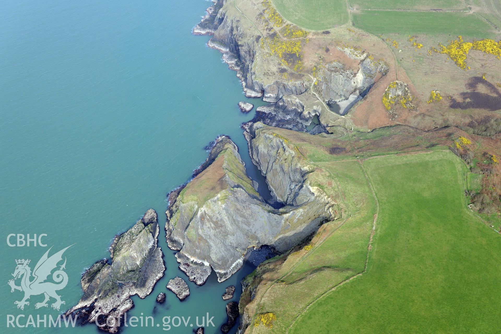 Aerial photography of Castell Treruffydd taken on 27th March 2017. Baseline aerial reconnaissance survey for the CHERISH Project. ? Crown: CHERISH PROJECT 2017. Produced with EU funds through the Ireland Wales Co-operation Programme 2014-2020. All material made freely available through the Open Government Licence.