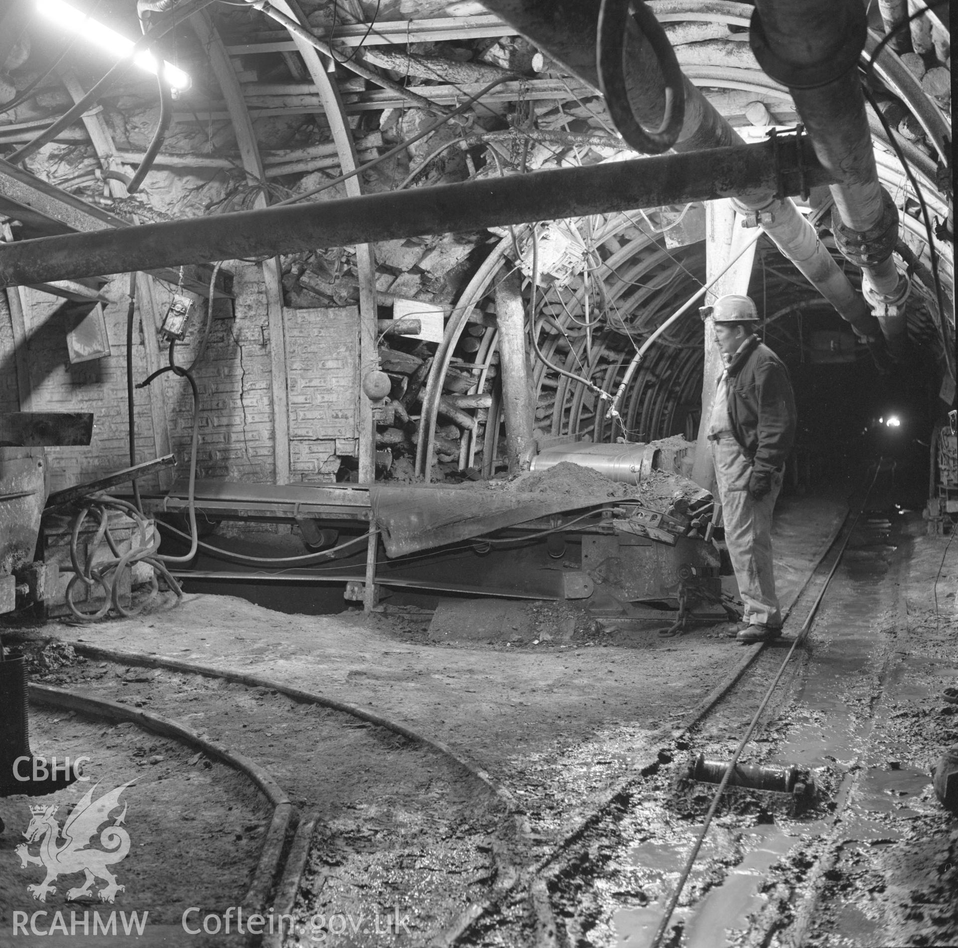 Digital copy of an acetate negative showing conveyor transfer point at Marine Colliery, from the John Cornwell Collection.