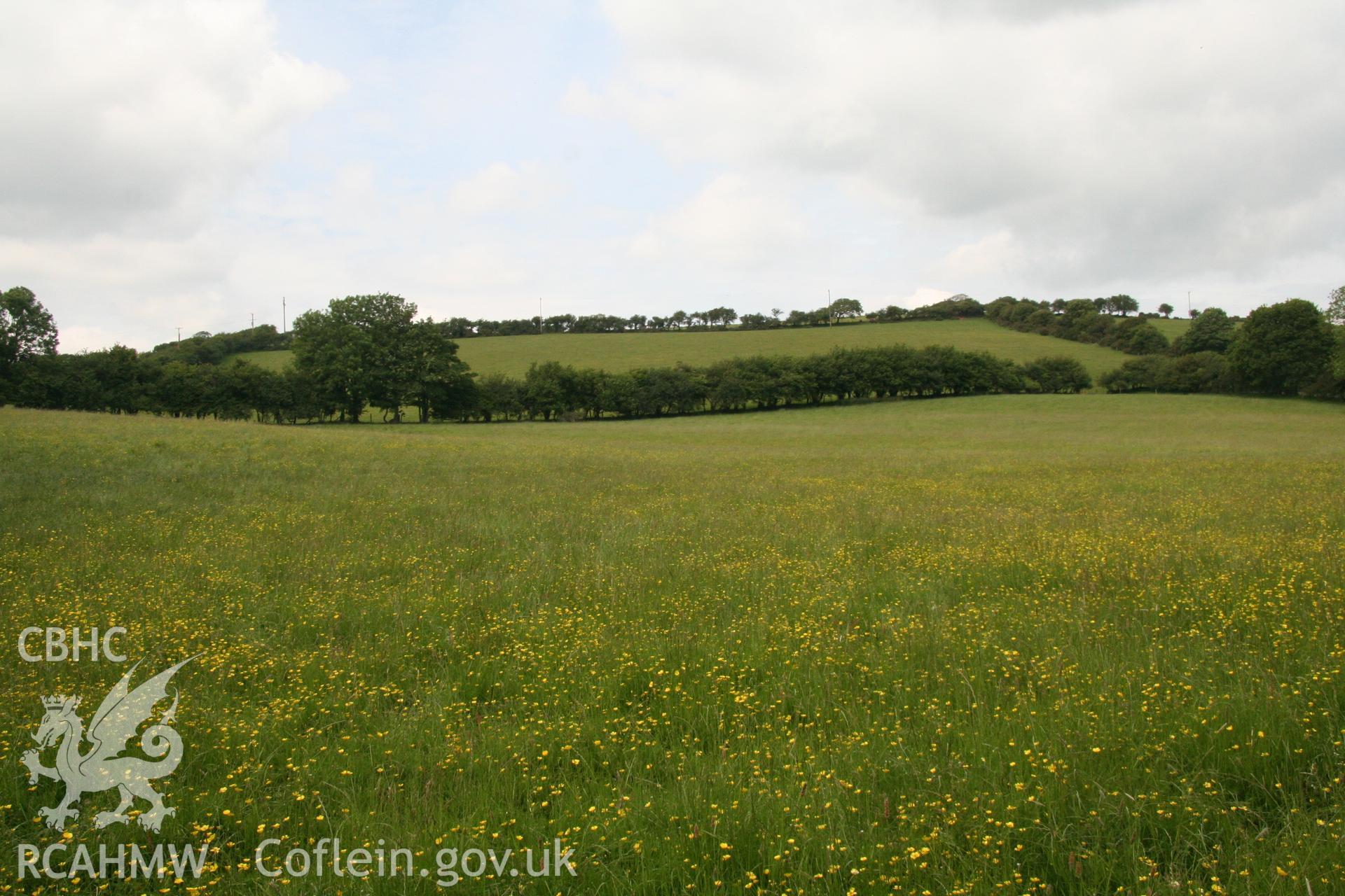 Digital colour photograph showing view of Castell y Gaer from proposed site (looking north). Photographed as part of Archaeological Appraisal of Land at Llethrach Newydd, Llysonnen Road, Bancyfelin, Carmarthenshire, carried out by Archaeology Wales, 2015.