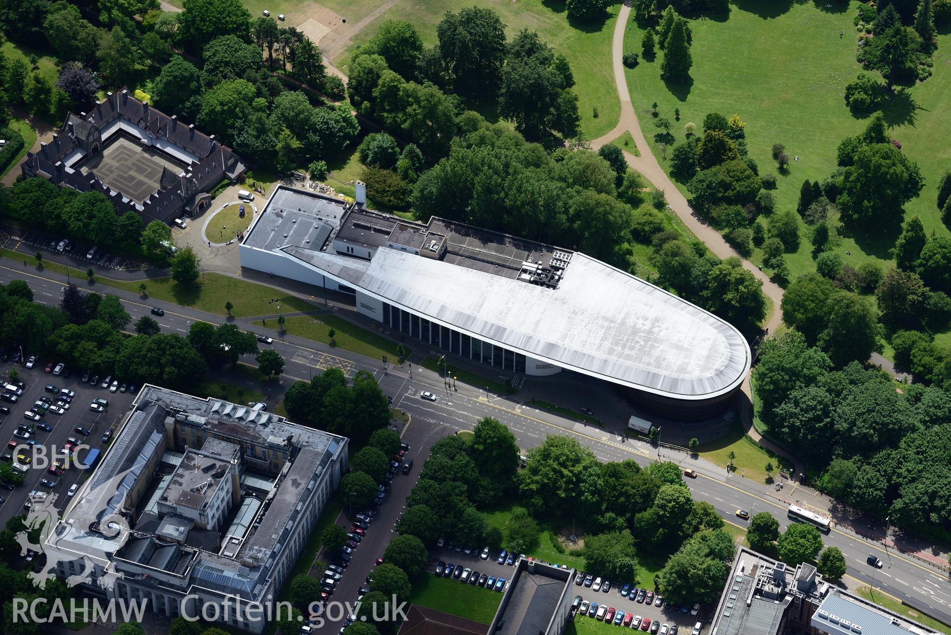 Cardiff Castle Stables, the Welsh College of Music and Drama and the Technical College, Cardiff. Oblique aerial photograph taken during the Royal Commission's programme of archaeological aerial reconnaissance by Toby Driver on 29th June 2015.