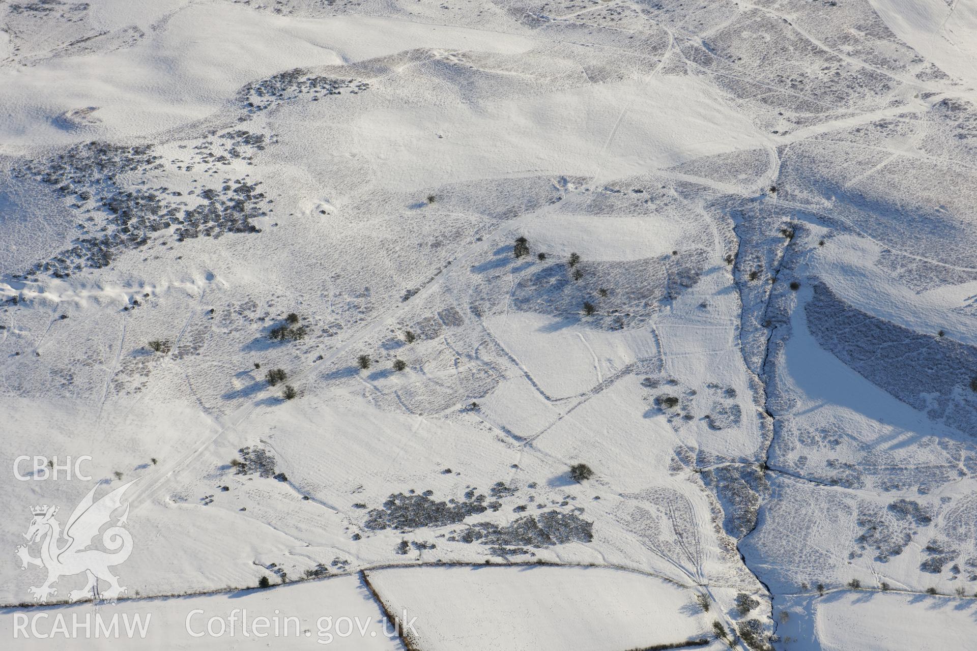 Pentre Jack deserted rural settlement, Painscastle, south east of Builth Wells. Oblique aerial photograph taken during the Royal Commission?s programme of archaeological aerial reconnaissance by Toby Driver on 15th January 2013.