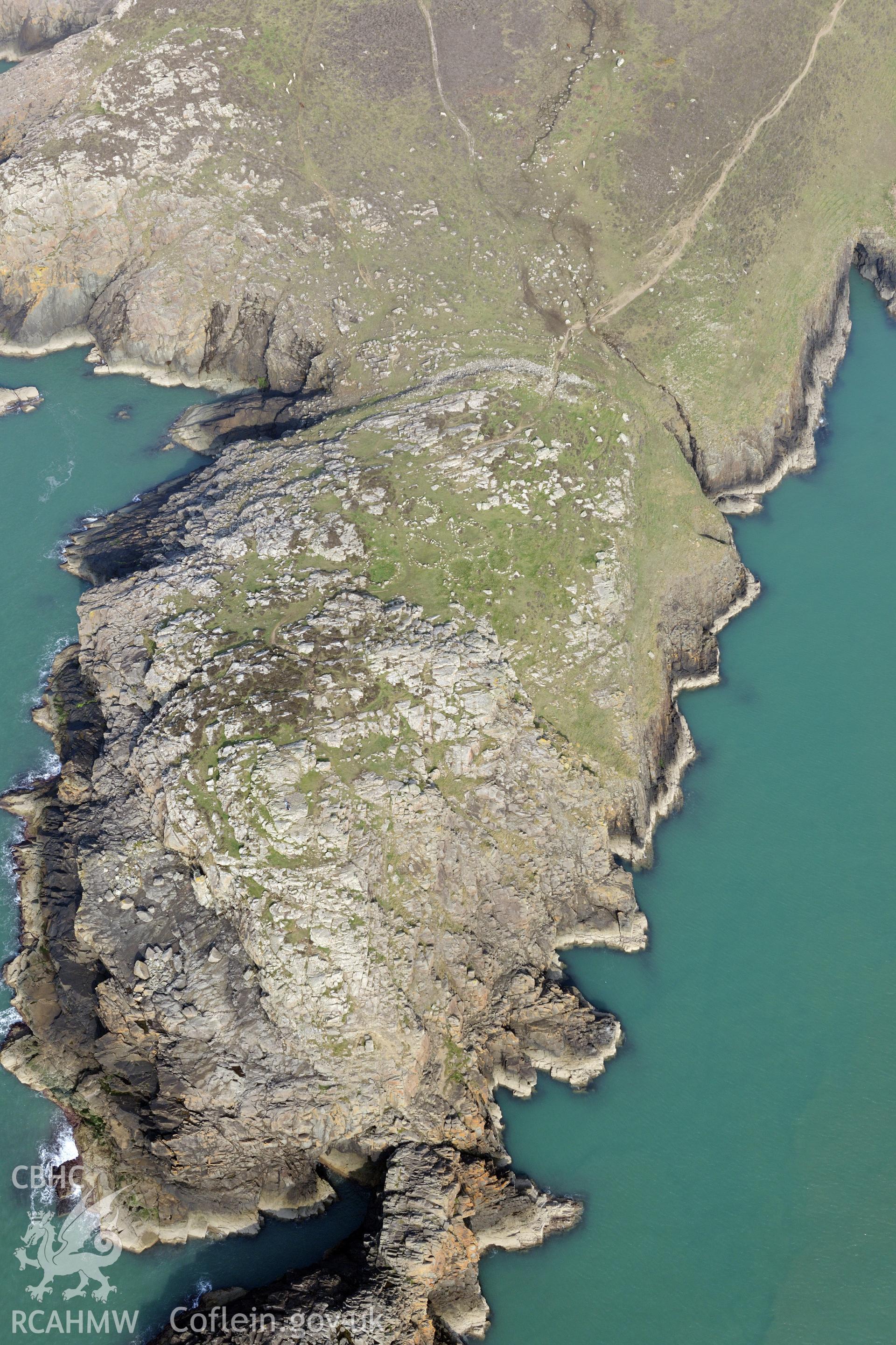 Aerial photography of St Davids Head camp taken on 27th March 2017. Baseline aerial reconnaissance survey for the CHERISH Project. ? Crown: CHERISH PROJECT 2019. Produced with EU funds through the Ireland Wales Co-operation Programme 2014-2020. All material made freely available through the Open Government Licence.