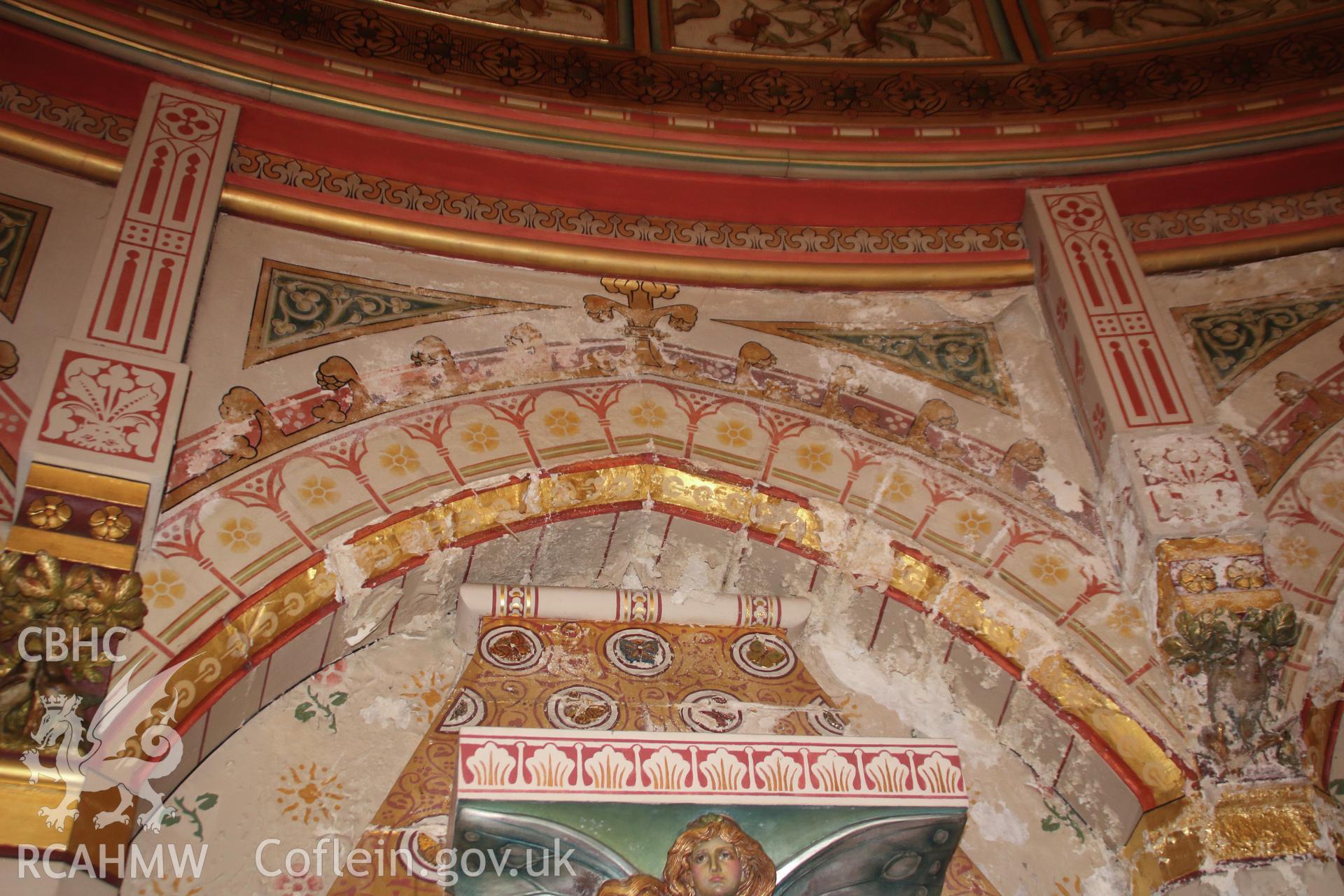 Decorative arch in Lady Bute's Bedroom at Castell Coch, 1st April 2019. From "Castell Coch, Tongwynlais, Cardiff. Archaeological Building Investigation & Recording & Watching Brief" by Richard Scott Jones, Heritage Recording Services Wales. Report No 202.