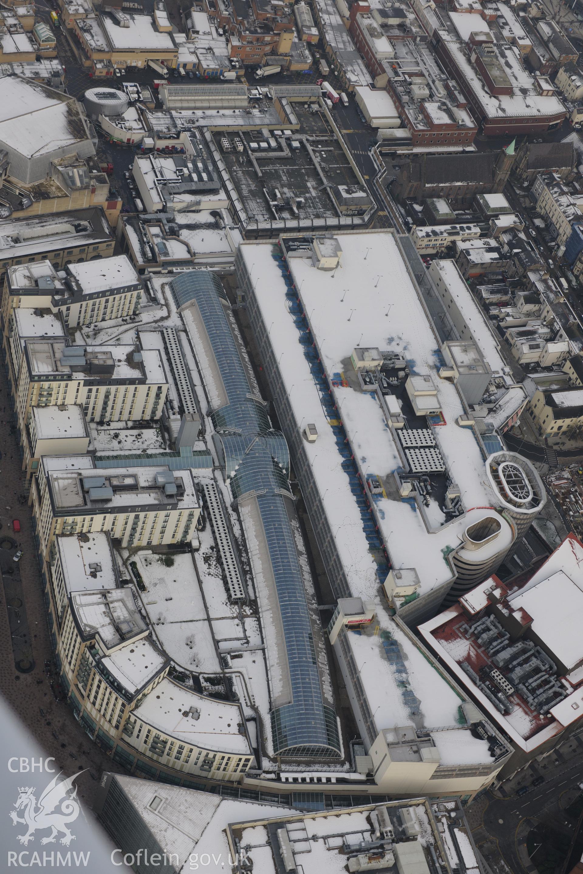 St. David's shopping centre, Cardiff. Oblique aerial photograph taken during the Royal Commission?s programme of archaeological aerial reconnaissance by Toby Driver on 24th January 2013.