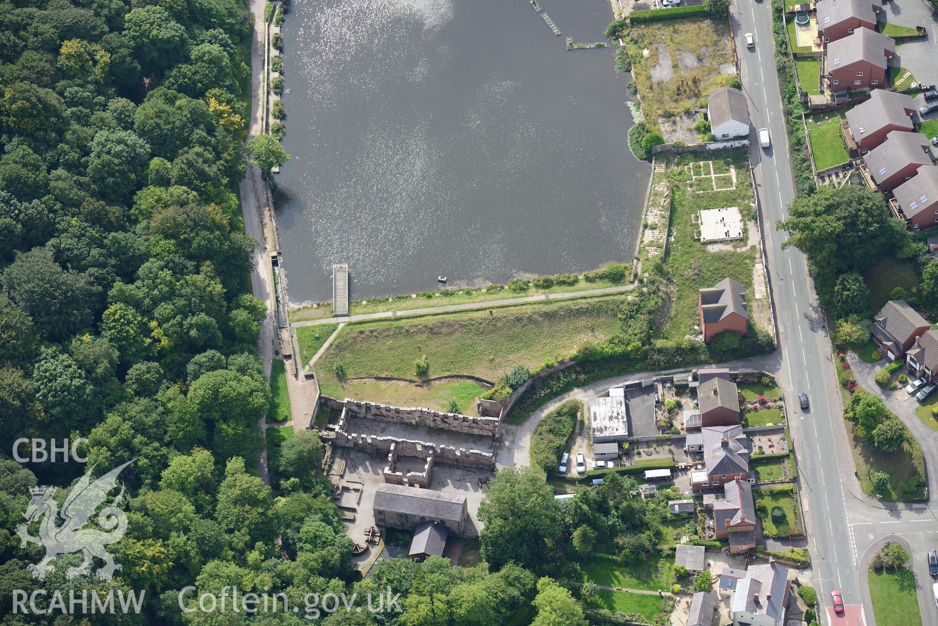 Lower Cotton Mill, Greenfield Valley Heritage Park, Holywell. Oblique aerial photograph taken during the Royal Commission's programme of archaeological aerial reconnaissance by Toby Driver on 11th September 2015.