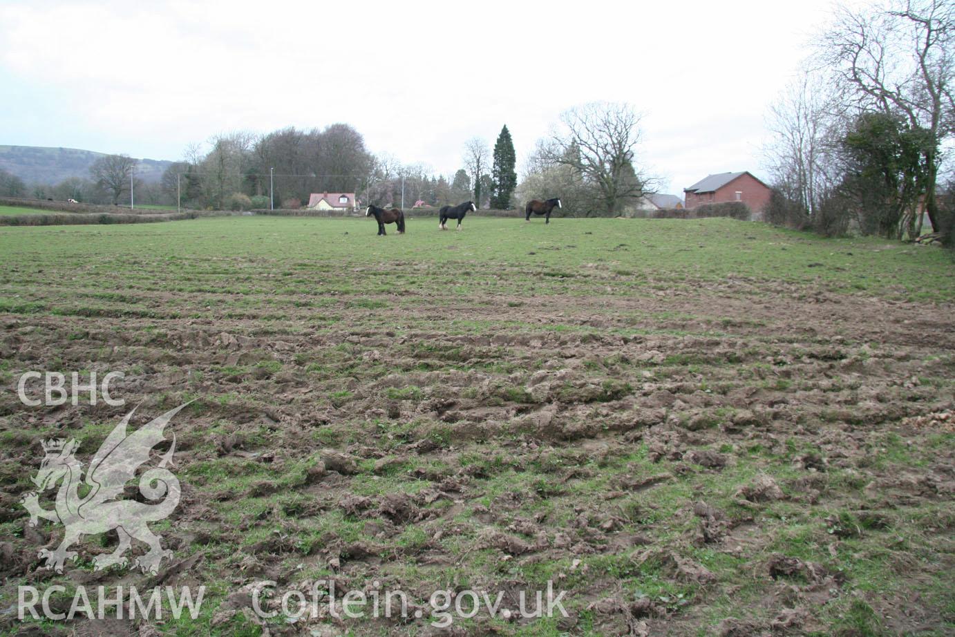 'Image of field from southern end (looking north-northwest).' Digital colour photograph taken during site visit to land south of school lane, Penperlleni. Part of Archaeological Desk Based Assessment conducted by Iestyn Jones of Archaeology Wales, 2014.
