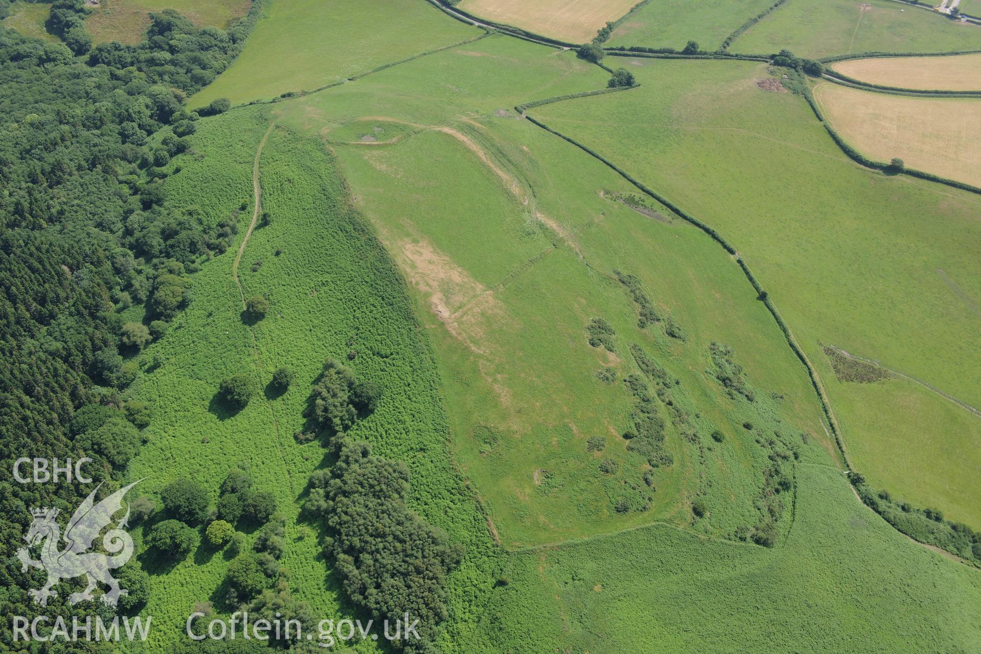 Cil Ifor Top Promontory Fort near Llanrhidian, on the Gower. Oblique aerial photograph taken during the Royal Commission?s programme of archaeological aerial reconnaissance by Toby Driver on 16th July 2013.