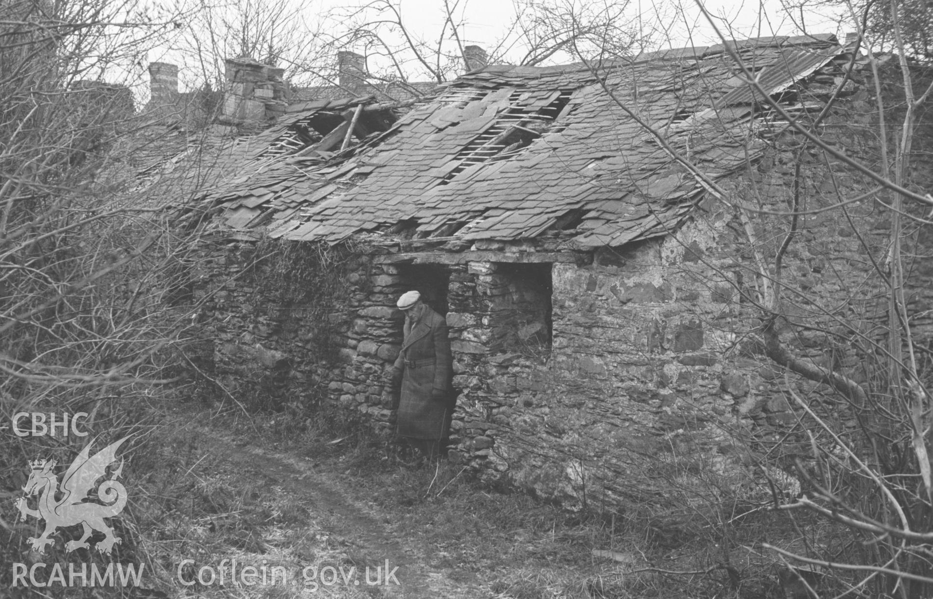 Digital copy of a black and white negative showing derelict cottages at Tre'r Ddol. Photographed in December 1963 by Arthur O. Chater from Grid Reference SN 6599 9217, looking west.