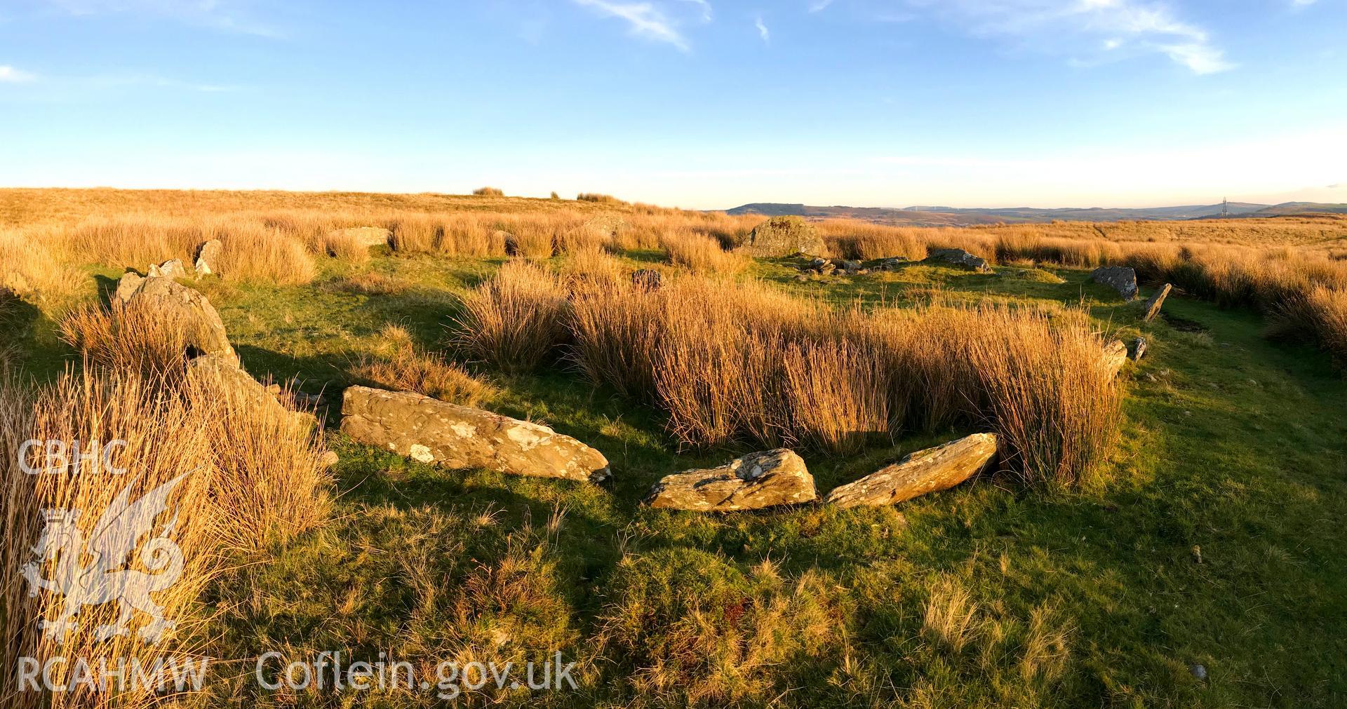 Digital colour photograph showing Carn Llechart ring cairn, Pontardawe, taken by Paul Davis on 20th November 2019.