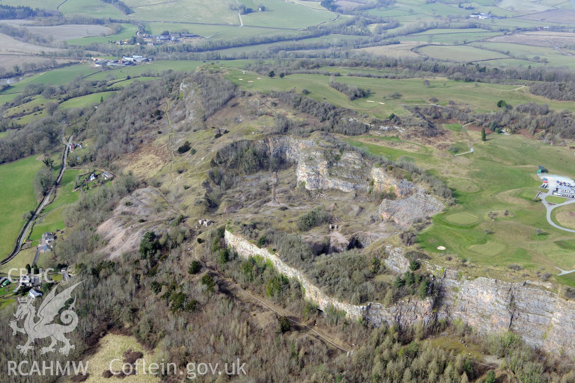 Llanymynech hillfort. Oblique aerial photograph taken during the Royal Commission?s programme of archaeological aerial reconnaissance by Toby Driver on 28th February 2013.