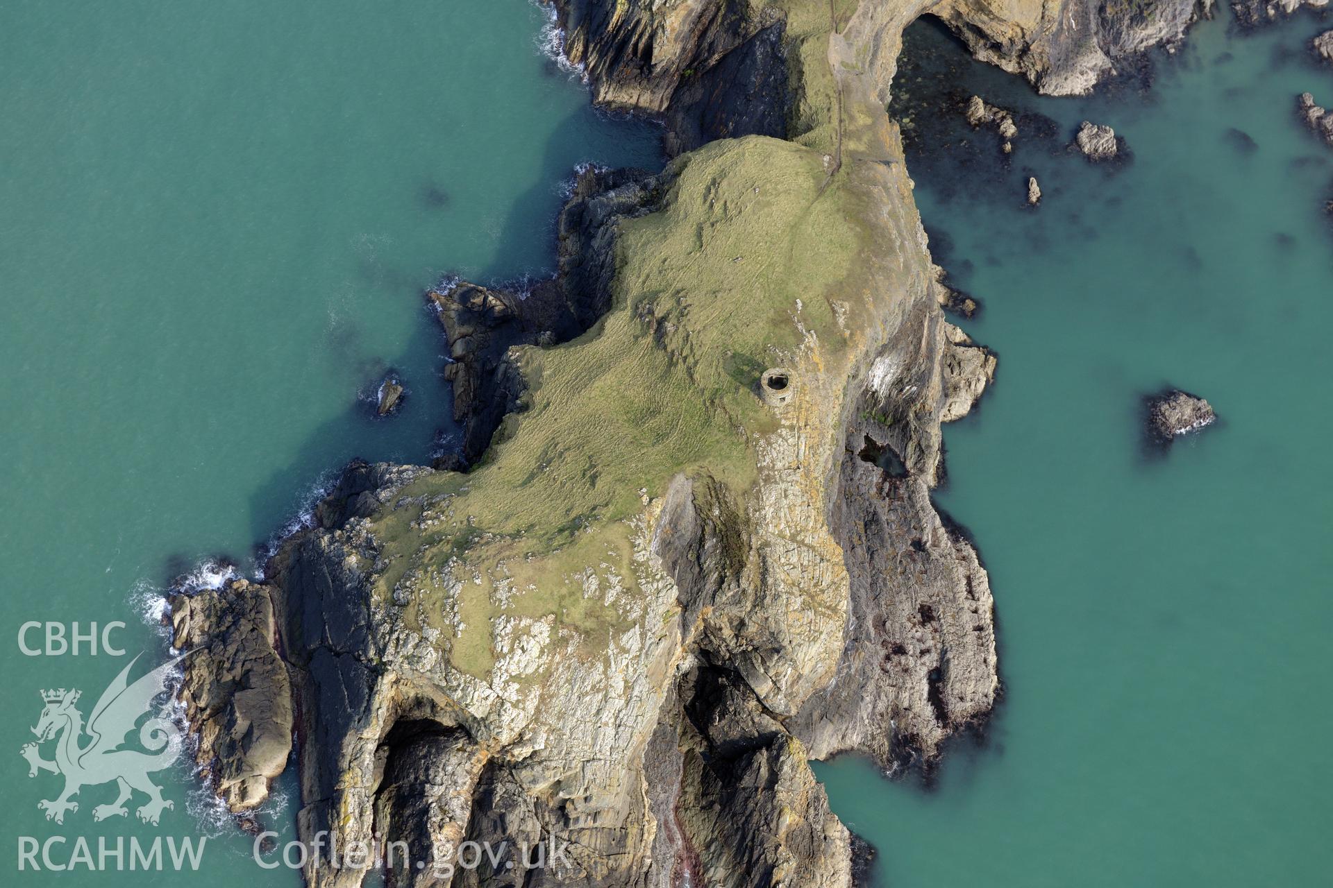 Royal Commission aerial photograph of Abereiddi tower taken on 27th March 2017. Baseline aerial reconnaissance survey for the CHERISH Project. ? Crown: CHERISH PROJECT 2017. Produced with EU funds through the Ireland Wales Co-operation Programme 2014-2020. All material made freely available through the Open Government Licence.