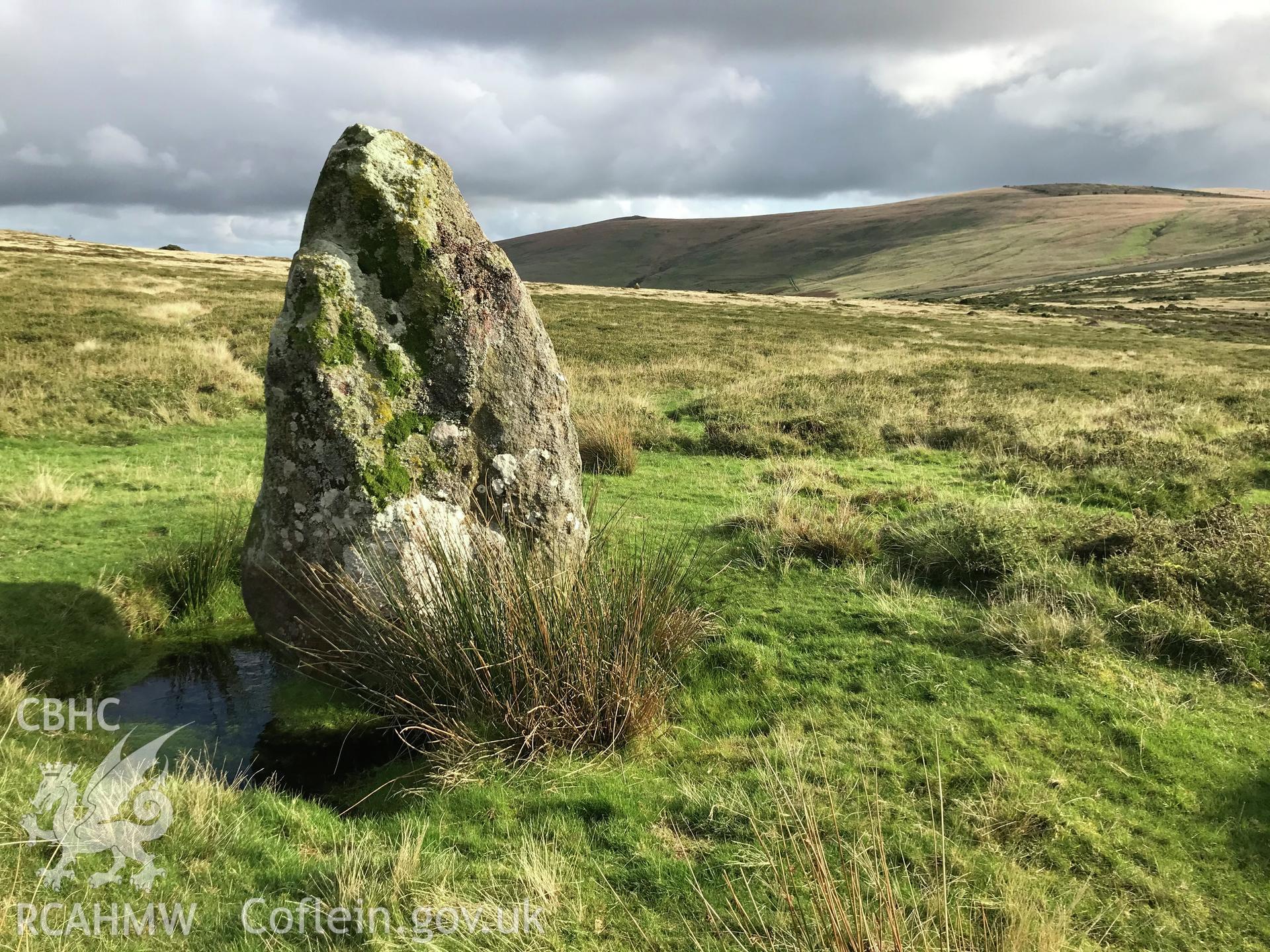 Digital colour photograph showing Waun Mawn standing stone, Eglwyswrw, taken by Paul Davis on 22nd October 2019.