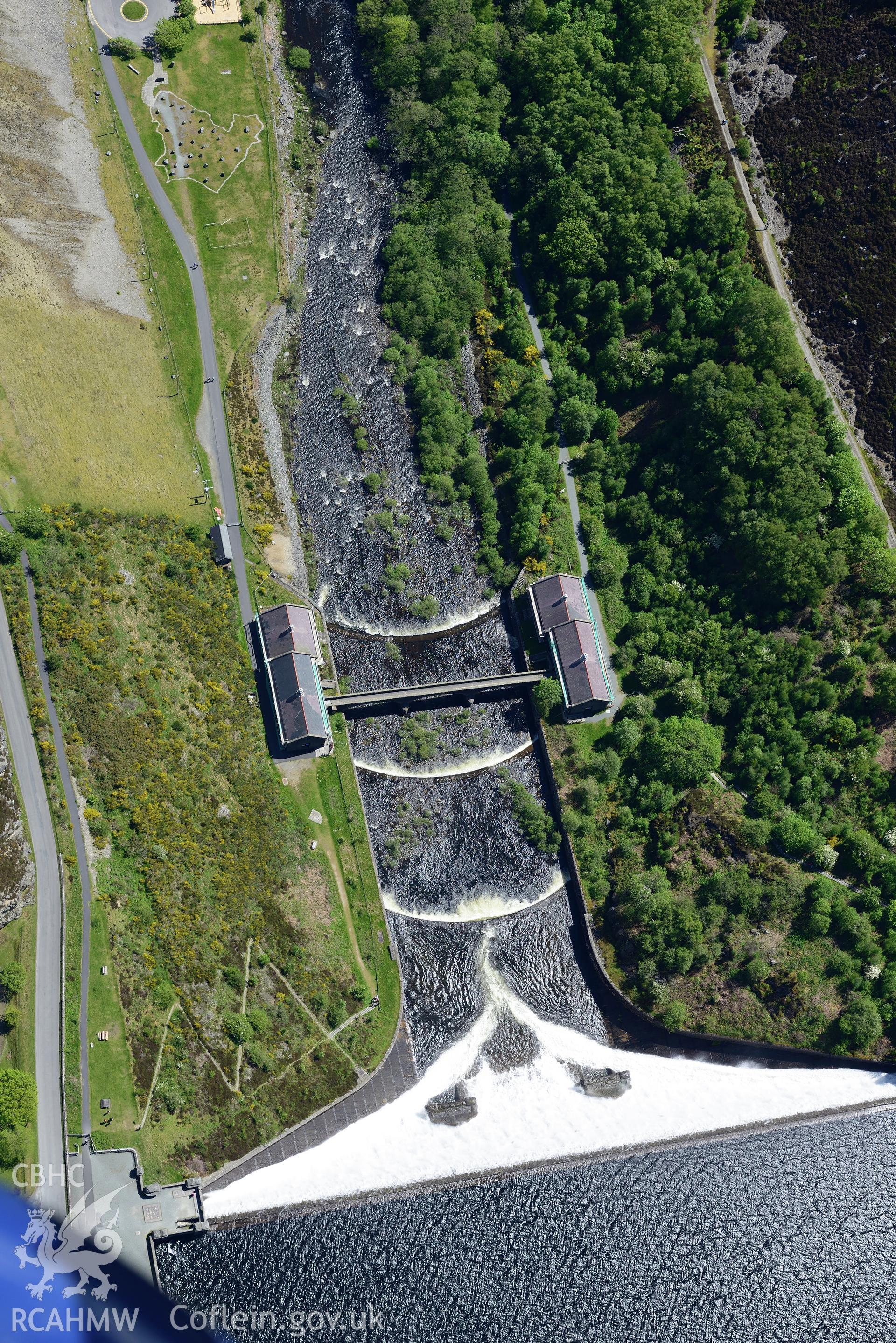 Caban Coch Dam, Reservoir and hydro electric stations, Elan Valley Water Scheme. Oblique aerial photograph taken during the Royal Commission's programme of archaeological aerial reconnaissance by Toby Driver on 3rd June 2015.