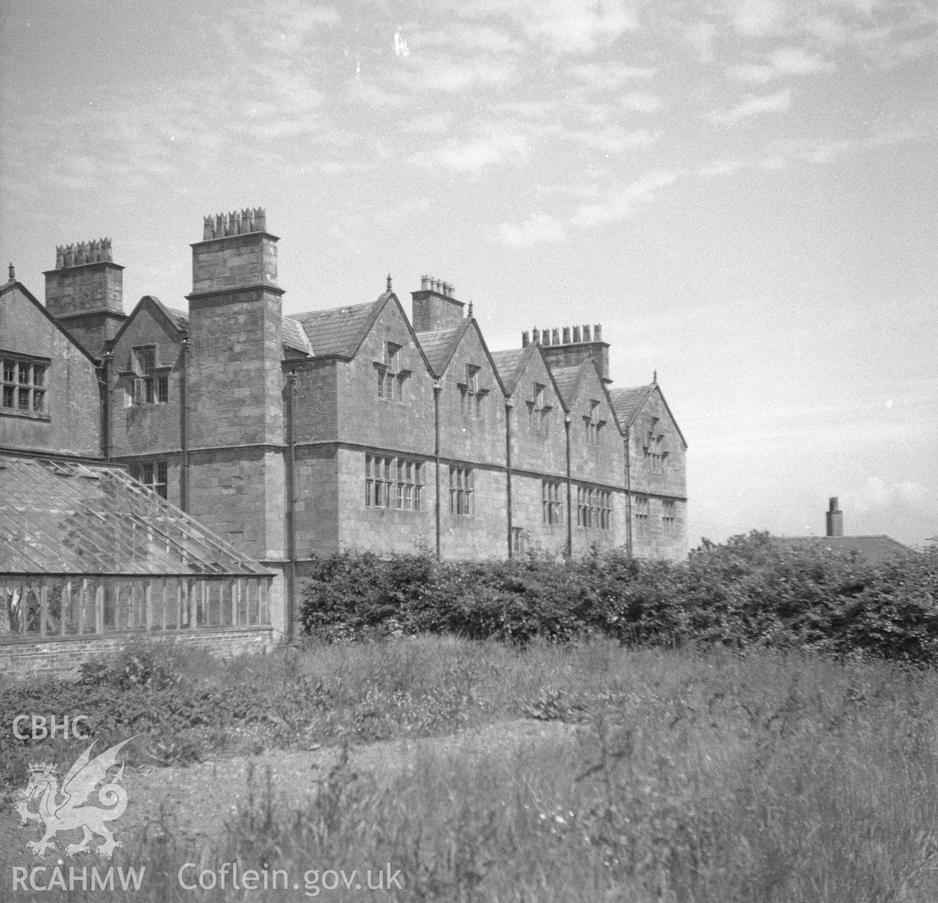 Digital copy of a nitrate negative showing exterior view of the rear of Nercwys Hall.