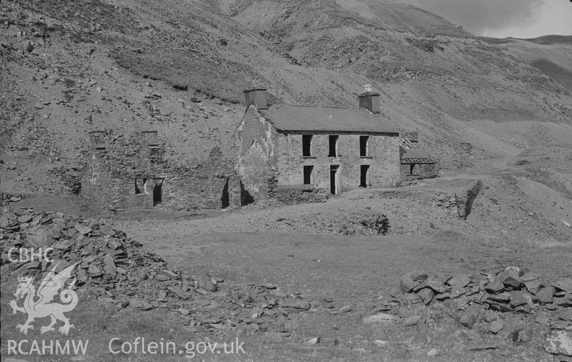 Digital copy of black & white negative showing Court House (old mine office) at Cwmystwyth Lead Mine. Entrance to Level-Fawr just visible to the right. Photographed in September 1963 by Arthur O. Chater from Grid Reference SN80427464, looking north east.