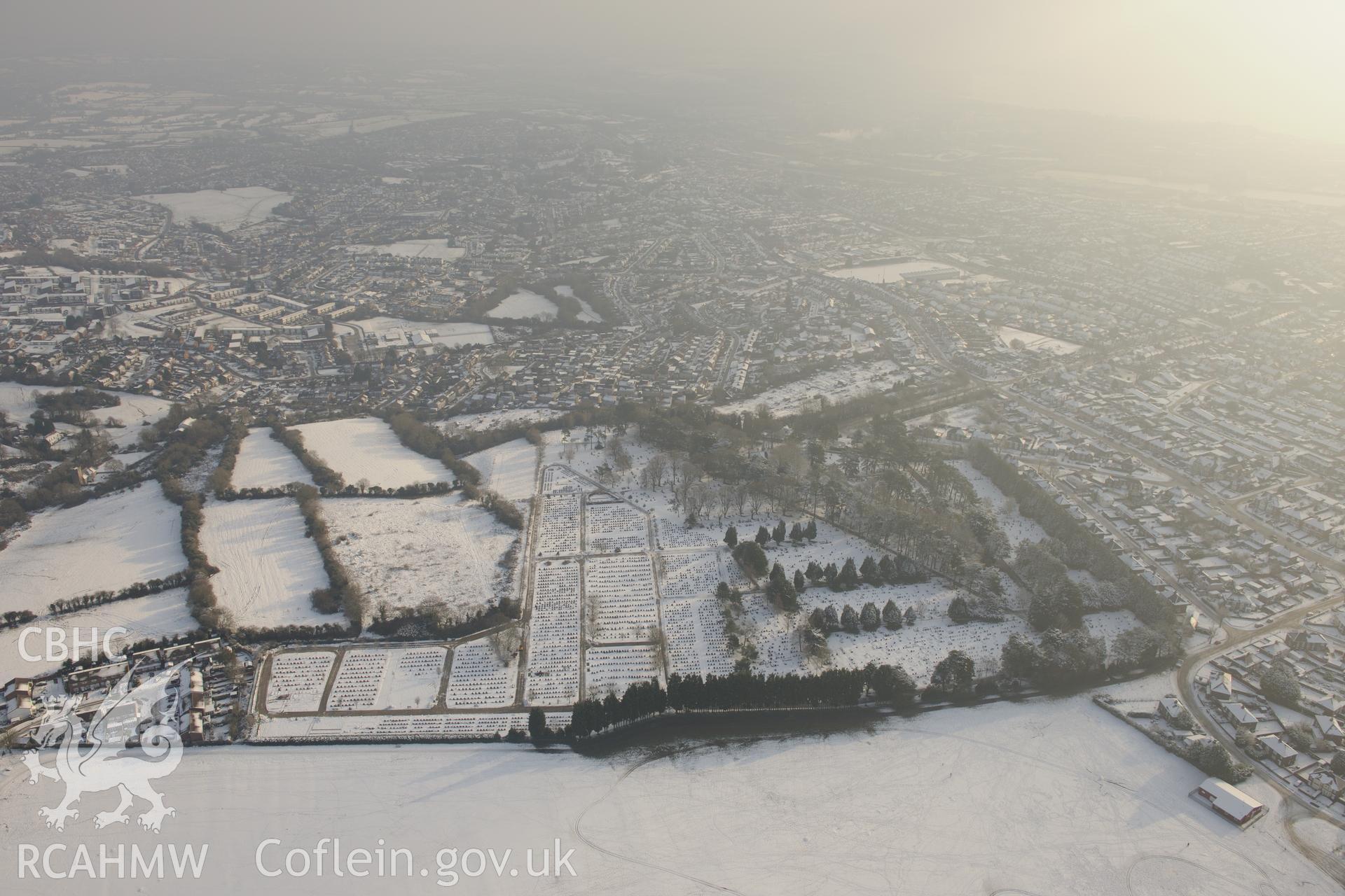 Merthyr Dyfan Burial Ground, Barry. Oblique aerial photograph taken during the Royal Commission?s programme of archaeological aerial reconnaissance by Toby Driver on 24th January 2013.