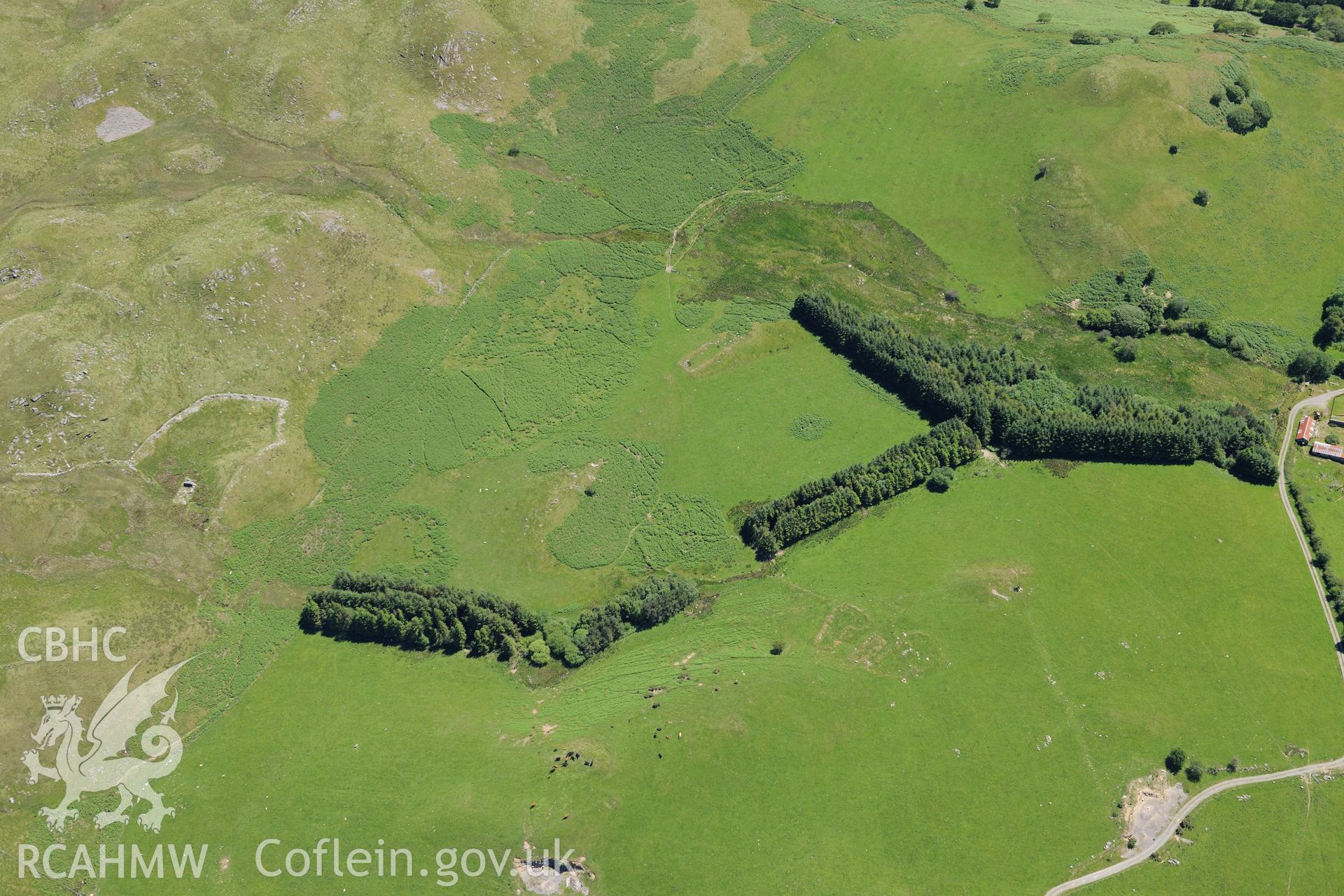 Penlanscubor farmstead and sheepcote at Troed y Rhiw, south east of Pontrhydfendigaid. Oblique aerial photograph taken during the Royal Commission's programme of archaeological aerial reconnaissance by Toby Driver on 30th June 2015.