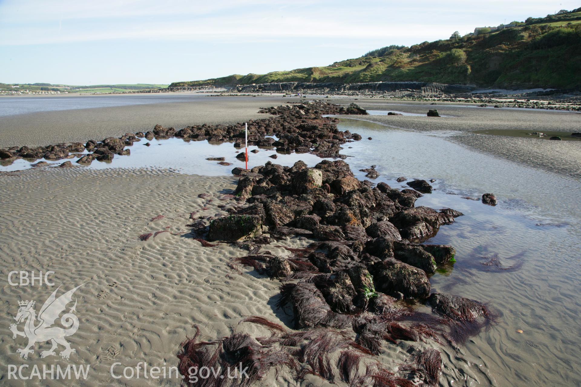 Poppit Fish Trap at low tide, photographed during filming for the TV series 'What on Earth?' with the Discovery Channel.