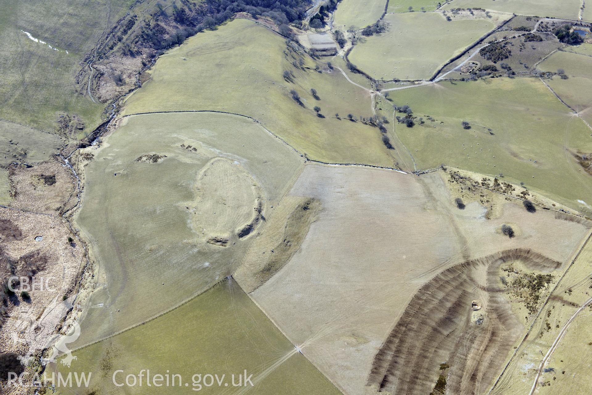 Pen y Castell hillfort, Salem, north east of Aberystwyth. Oblique aerial photograph taken during the Royal Commission's programme of archaeological aerial reconnaissance by Toby Driver on 2nd April 2013.