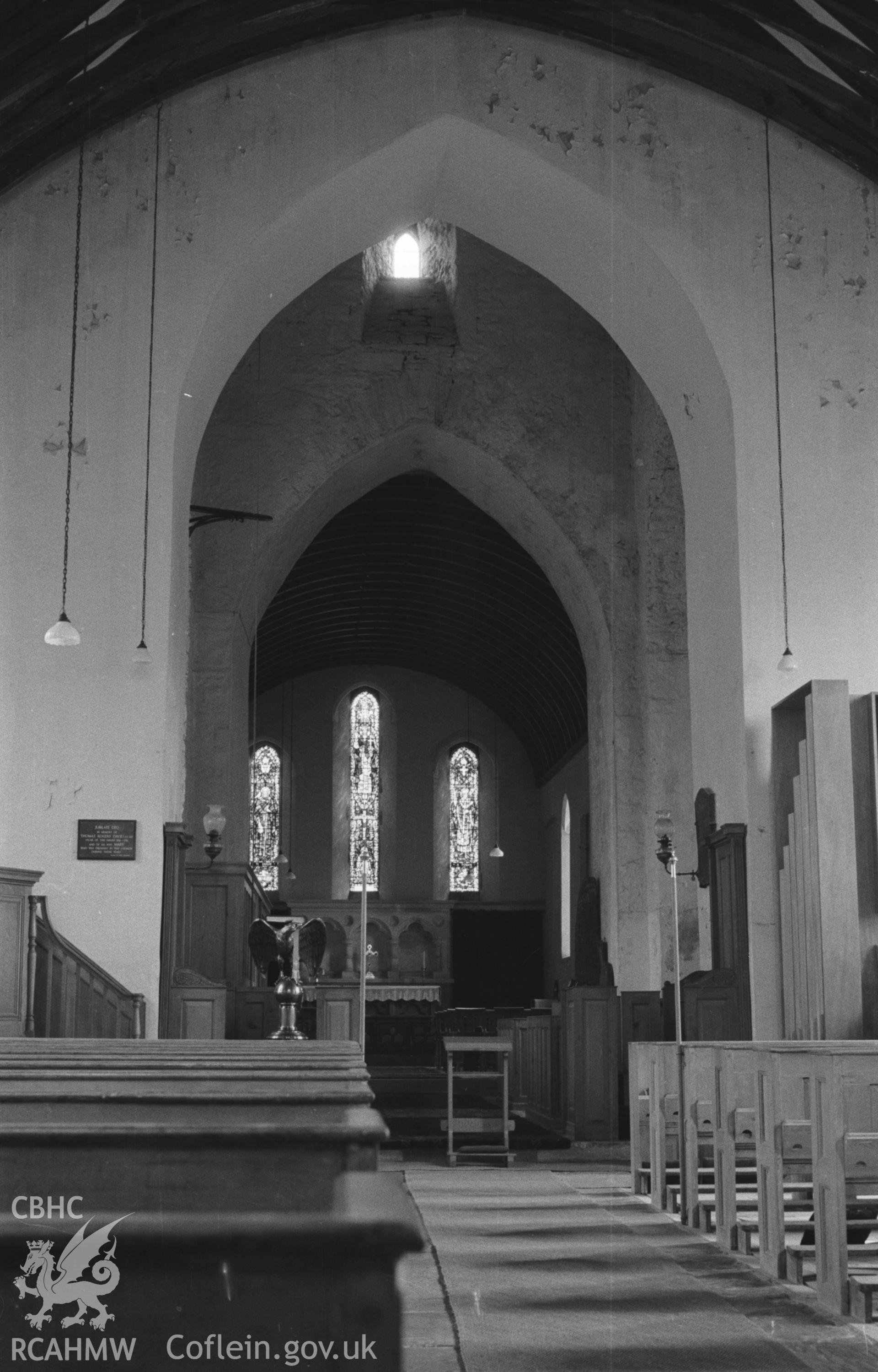 Digital copy of a black and white negative showing interior view of St. David's Church, Llanddewi Brefi. Photographed in April 1963 by Arthur O. Chater from Grid Reference SN 6637 5521, looking east.