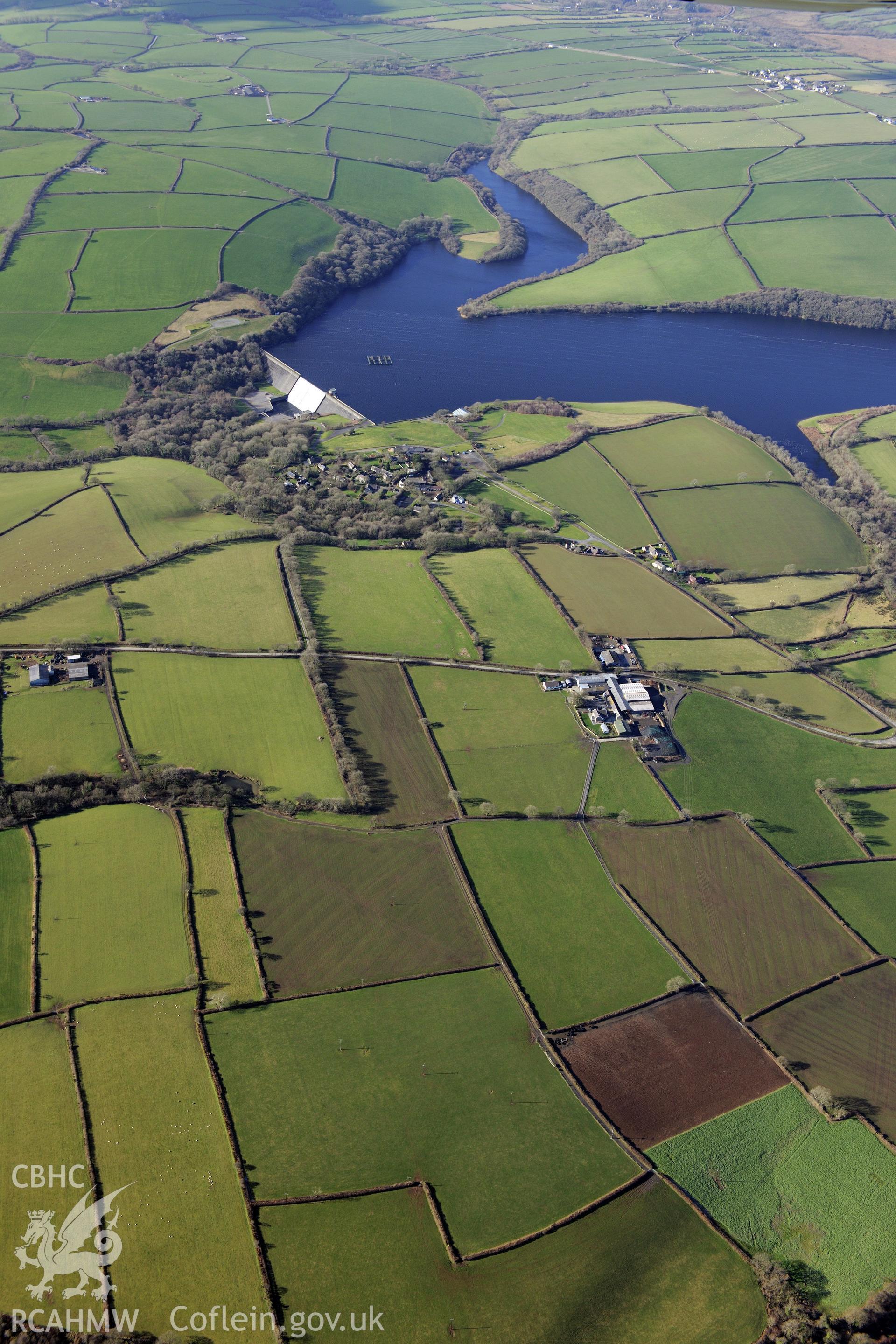 Llys y Fr?n village on the southern shores of Llys y Fr?n reservoir, north east of Haverfordwest. Oblique aerial photograph taken during the Royal Commission's programme of archaeological aerial reconnaissance by Toby Driver on 4th February 2015.