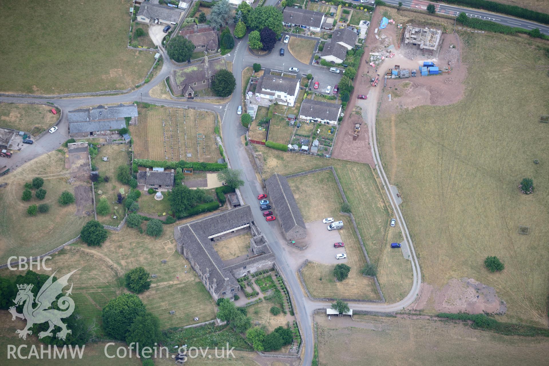 Royal Commission aerial photography of Tretower village taken on 19th July 2018 during the 2018 drought.