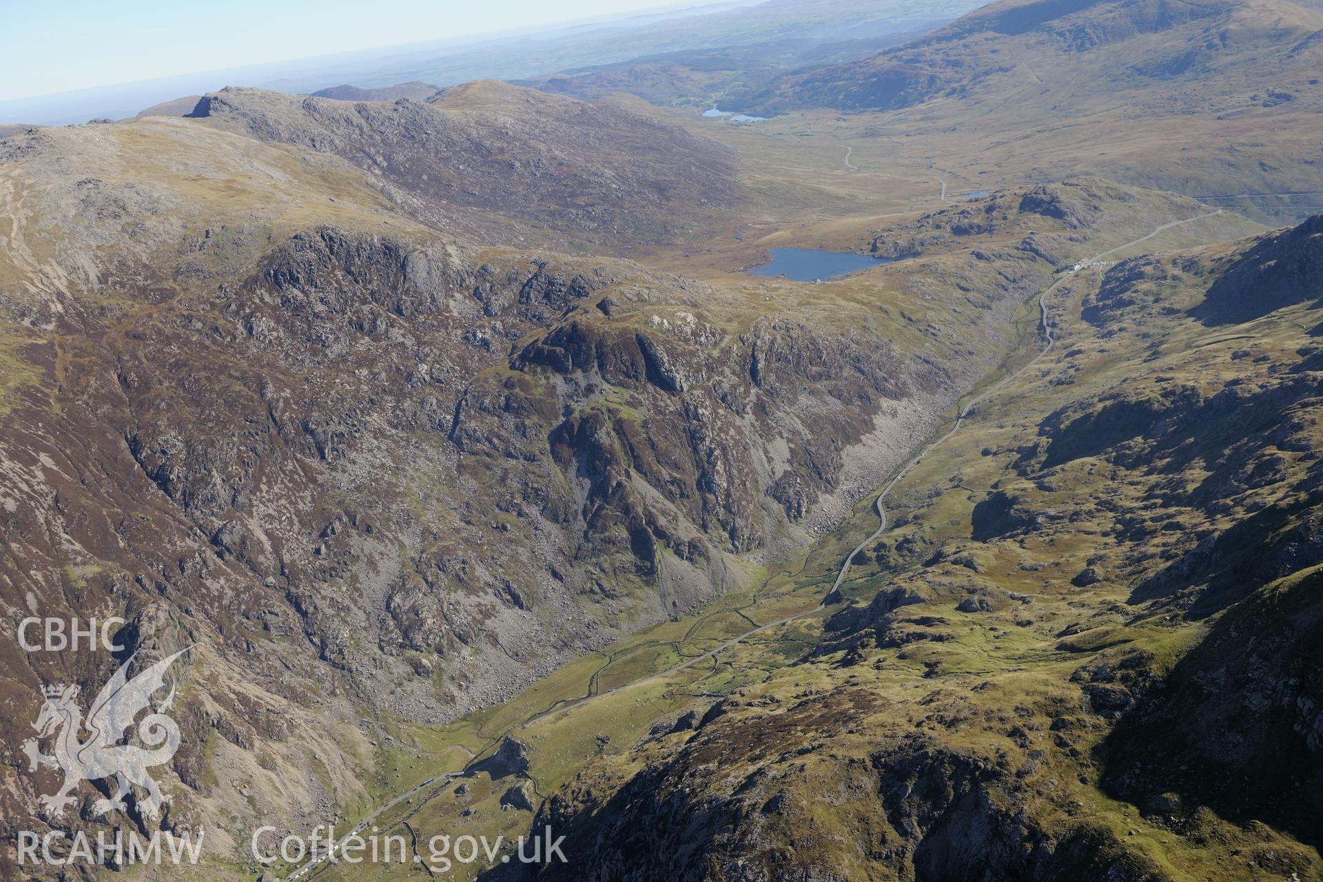 Llyn Llydaw, Llyn Cwmffynnon and the Llanberis Pass, Snowdonia. Oblique aerial photograph taken during the Royal Commission's programme of archaeological aerial reconnaissance by Toby Driver on 2nd October 2015.